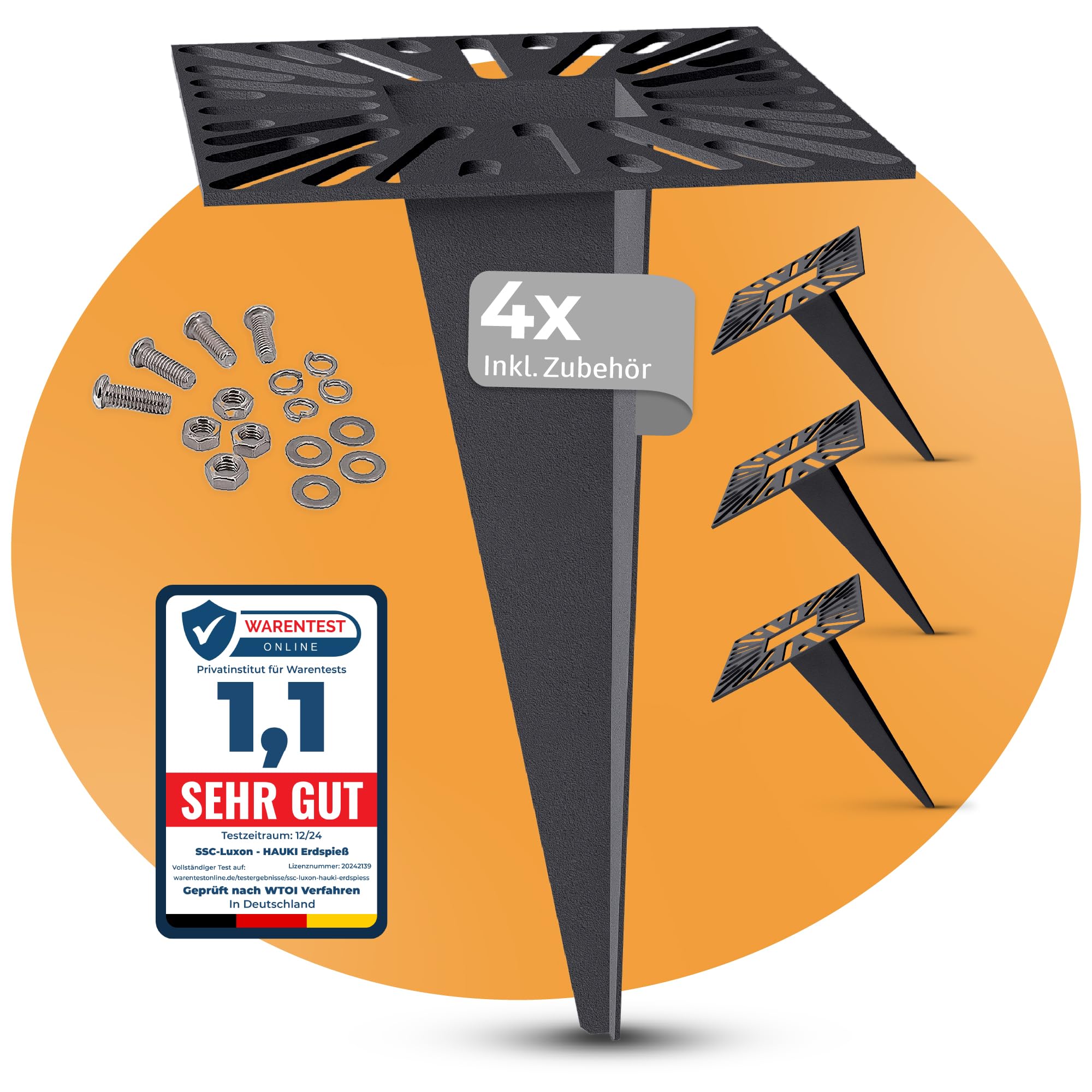 SSC-LUXon HAUKI - Set di 4 supporti da terra universali per illuminazione esterna, pali da giardino, lampioni e faretti, in alluminio nero opaco