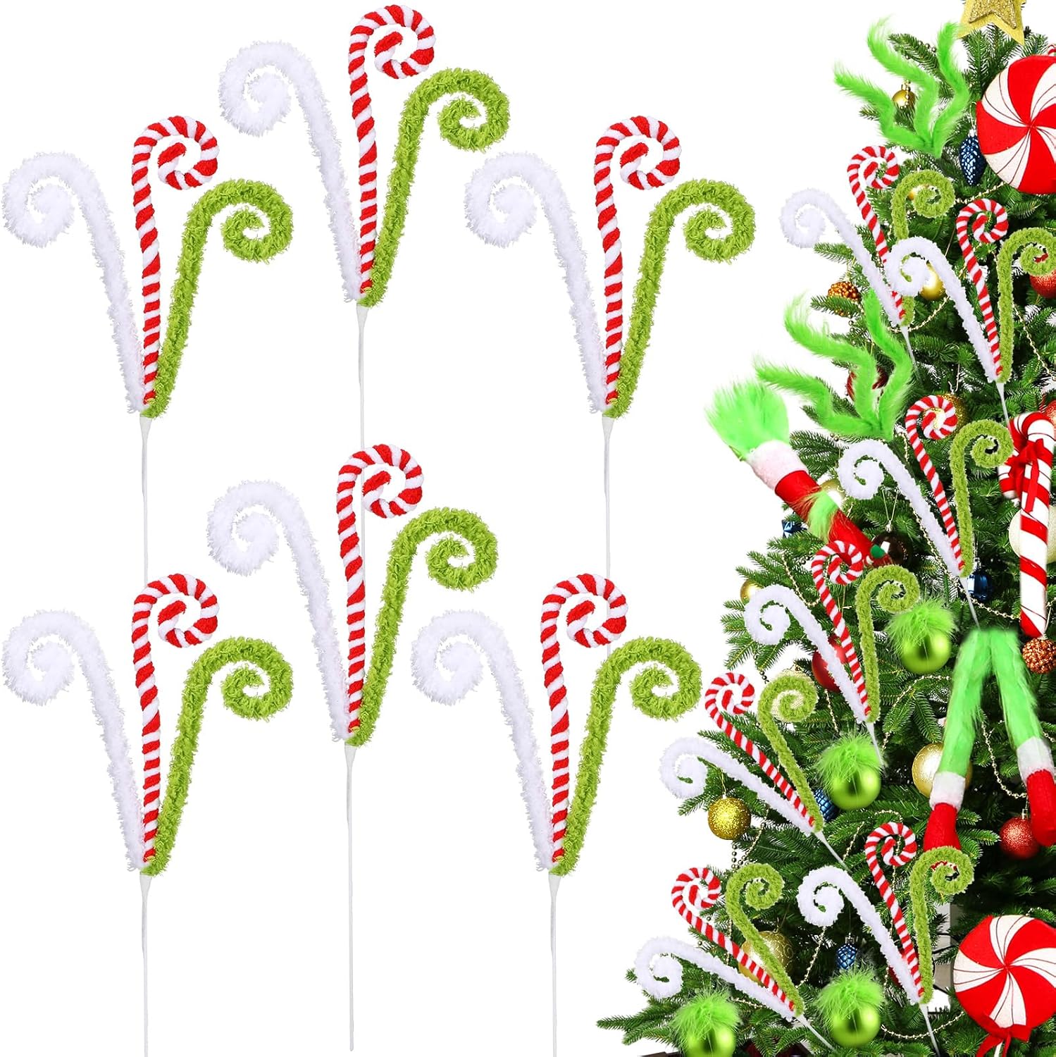 White Red and Green Christmas Tree Decor 16" Candy Cane Tree Pick Lime Green Xmas Topper Ornament Curly Stem Large Lollipop Branch Stick Elf Pick Spray for Home Wreath Vase Filler Craft Holiday Party