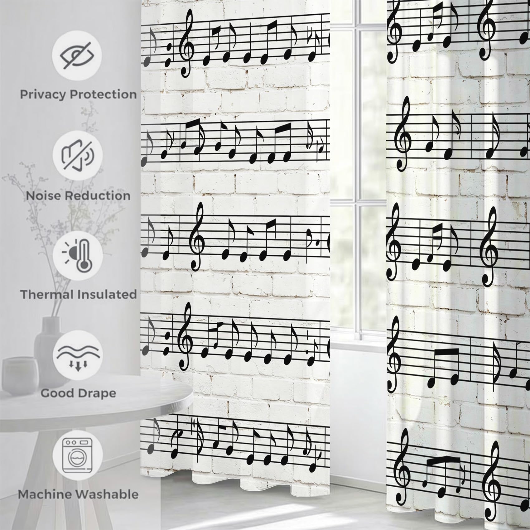 Cortinas Salón Opacas Patrón de Partituras Cortinas Térmicas Aislantes con Ojales 2 Piezas 3D Notas Musicales Cortina Blackout para Dormitorio Ventanas 2X 140x240 cm C/1780