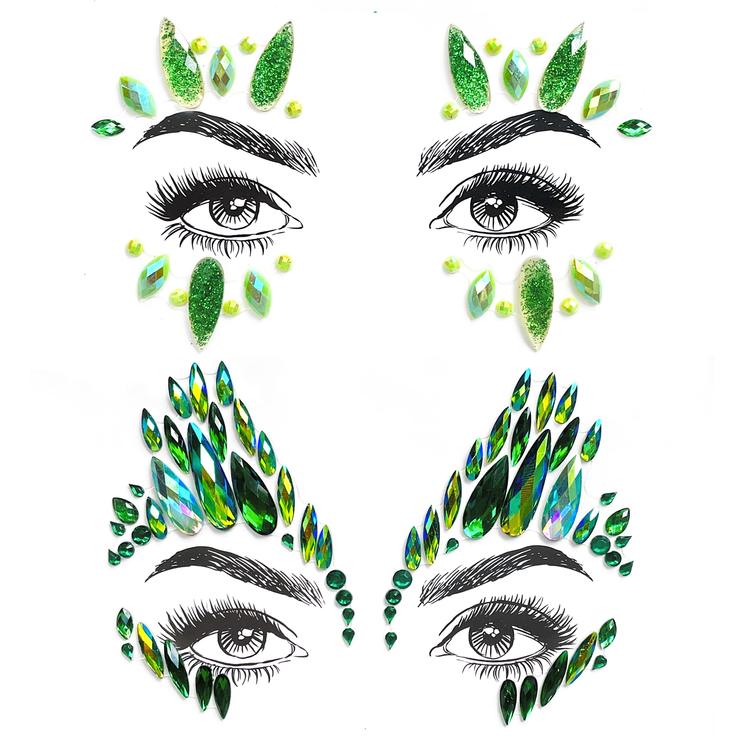 Green Face Gems for Festivals, Raves & Halloween Parties, Adhesive Glitter Jewels - Premium Selection of Rhinestone Face Gems (2 Pack)