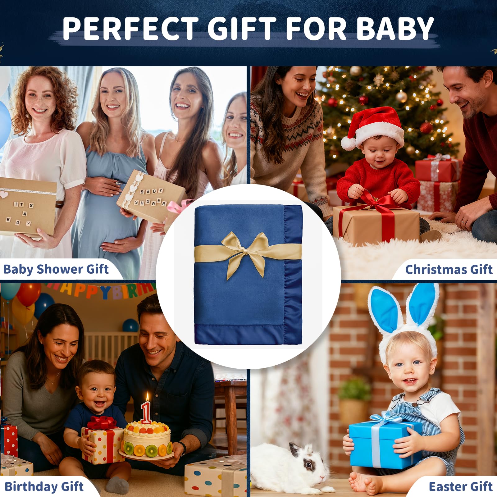 Pro Goleem Fleece Baby Blankets for Boys with 2 Inch Satin Trim, Super Soft Plush Receiving Blanket for Infant Toddler Newborn, Cozy 30x40 Inch Crib & Stroller Blanket (Navy Blue)