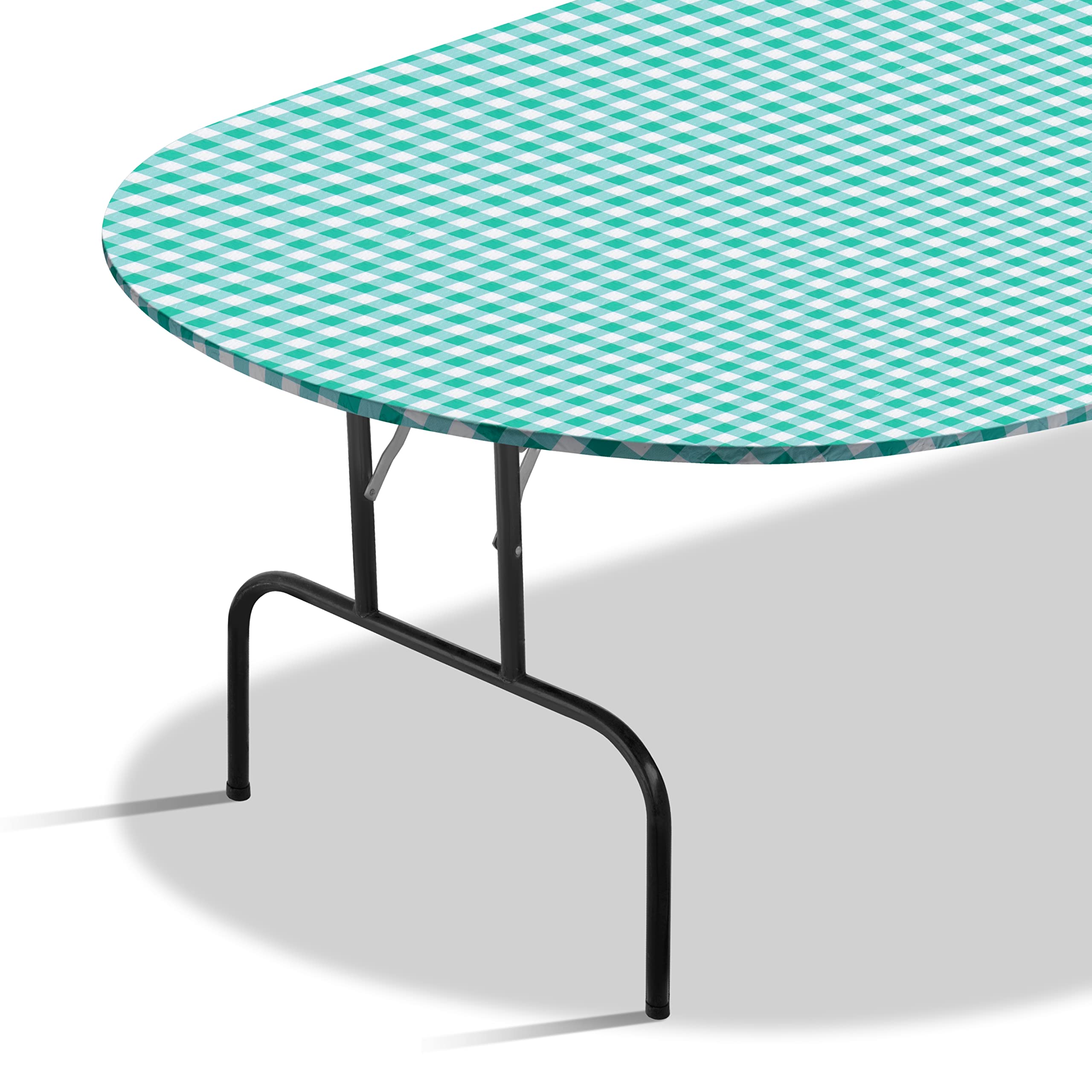 sorfey tablecover -fitted with elastic, vinyl with flannel back, fits for table 48" w x 68" to 72" l oval/oblong, stretchable conveniently, water proof, easy to clean, checked green design