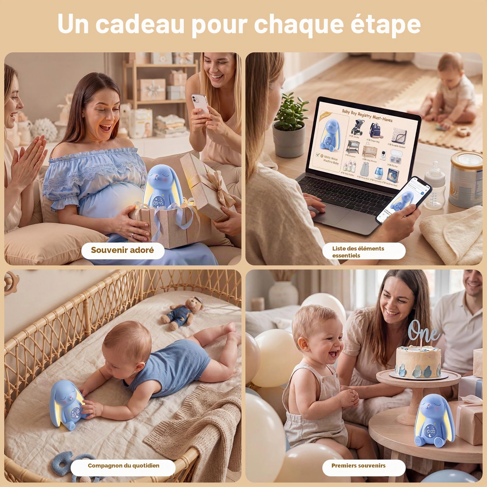 Mewaii Machine à Son pour Bébé avec Lumière Nuit, Détection des Pleurs, 100 Sons Relaxants, Contrôle App, Batterie Longue Durée
