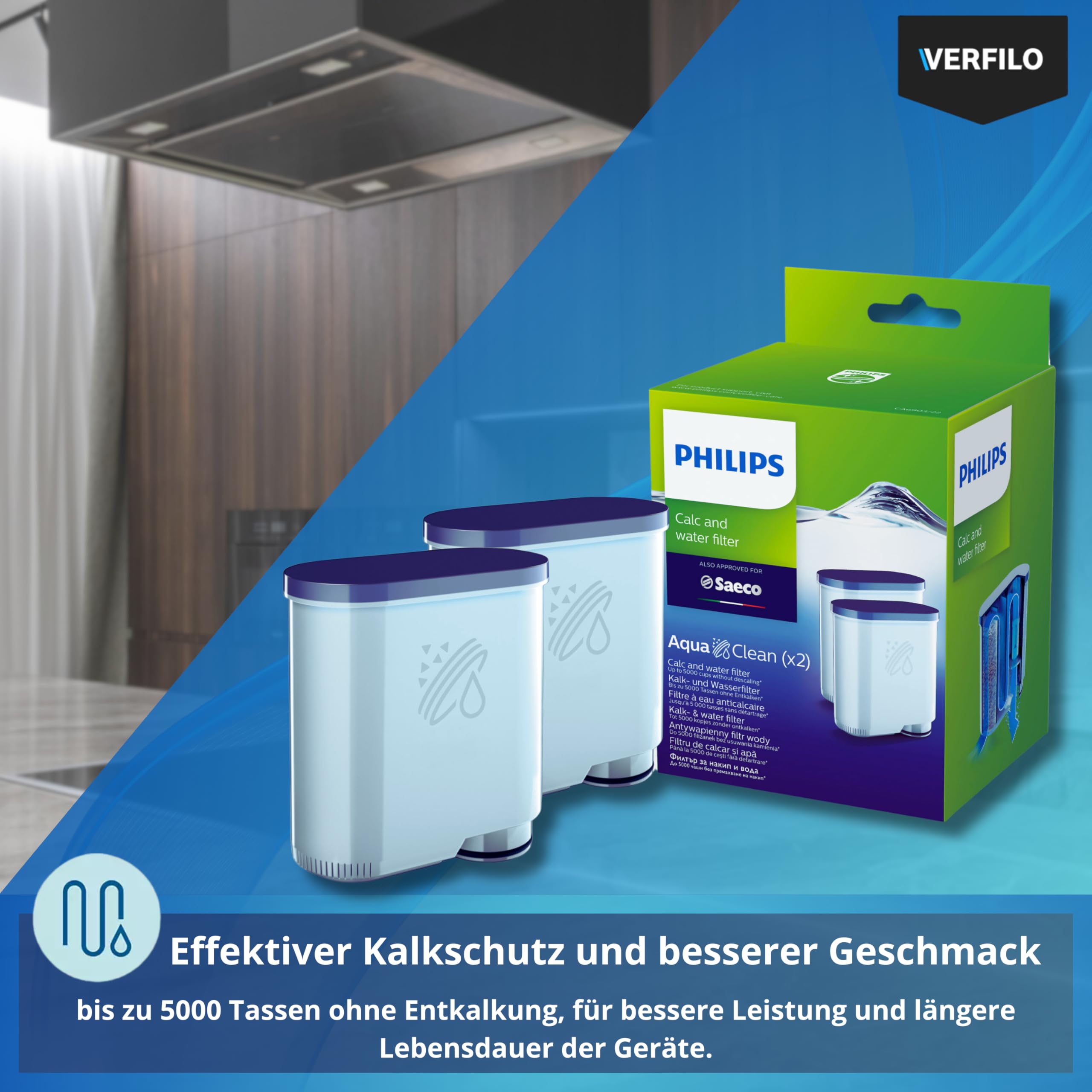 Pflegeset für Kaffeemaschinen kompatibel mit Philips AquaClean: Wasserfilter CA6903/22 (2 Stück), Entkalker CA6700, Reinigungstabletten CA6704/10, Schmierfett HD5061, Reinigungsbürste VERFILO