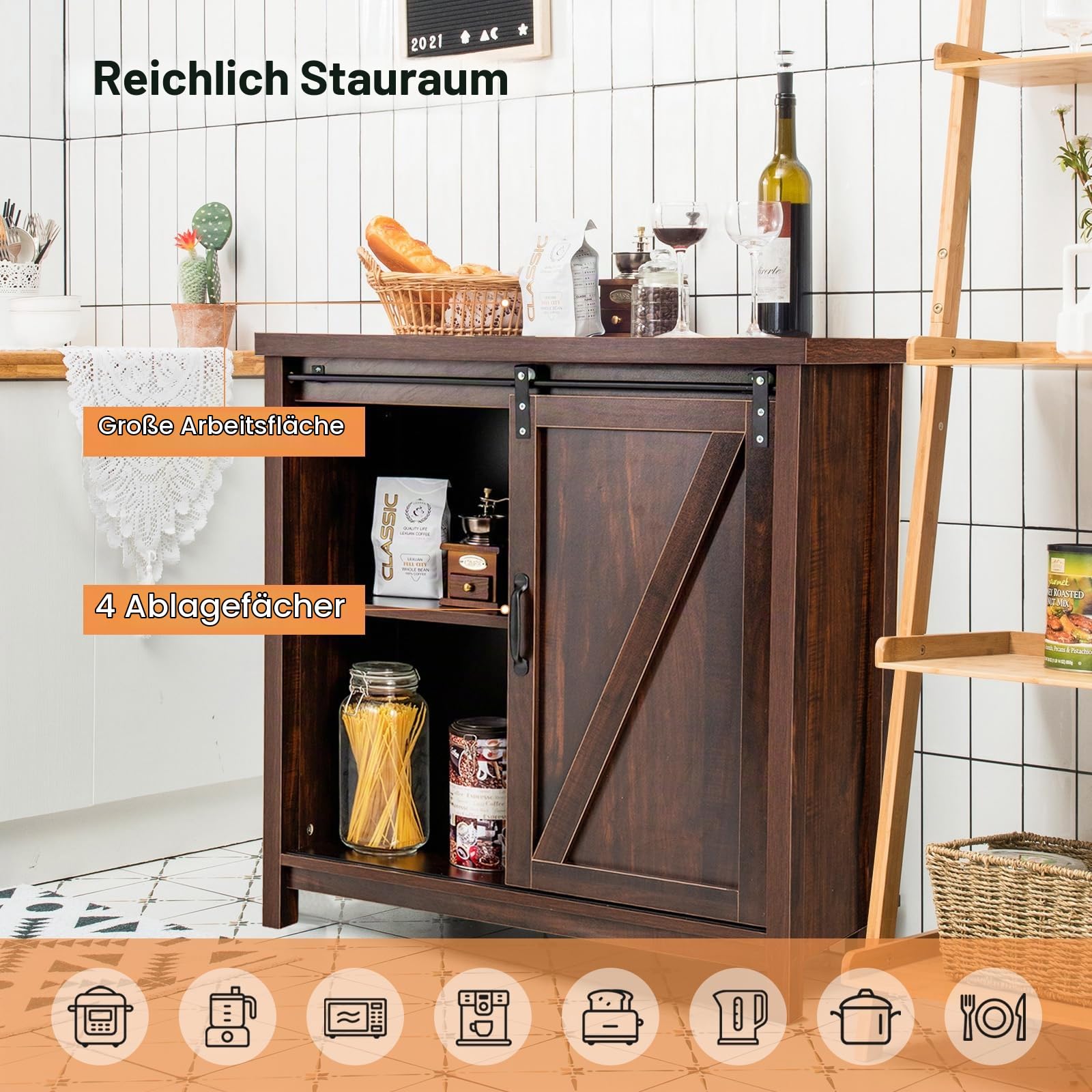 KOMFOTTEU Buffetschrank mit 4 Fächern, moderner Küchenschrank mit Schiebetüren, Küchekommode industriell, Anrichteschrank für Wohnzimmer Flur, 80 x 40 x 82cm, Braun