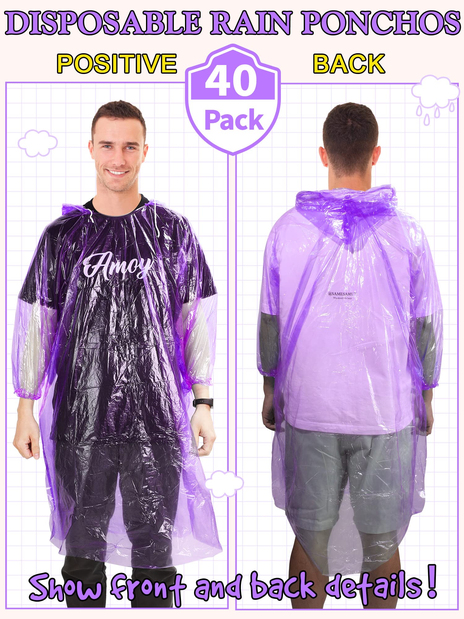 Ponchos de lluvia desechables para adultos, con cordón, capucha, mangas elásticas, impermeables, para camping, 40 unidades