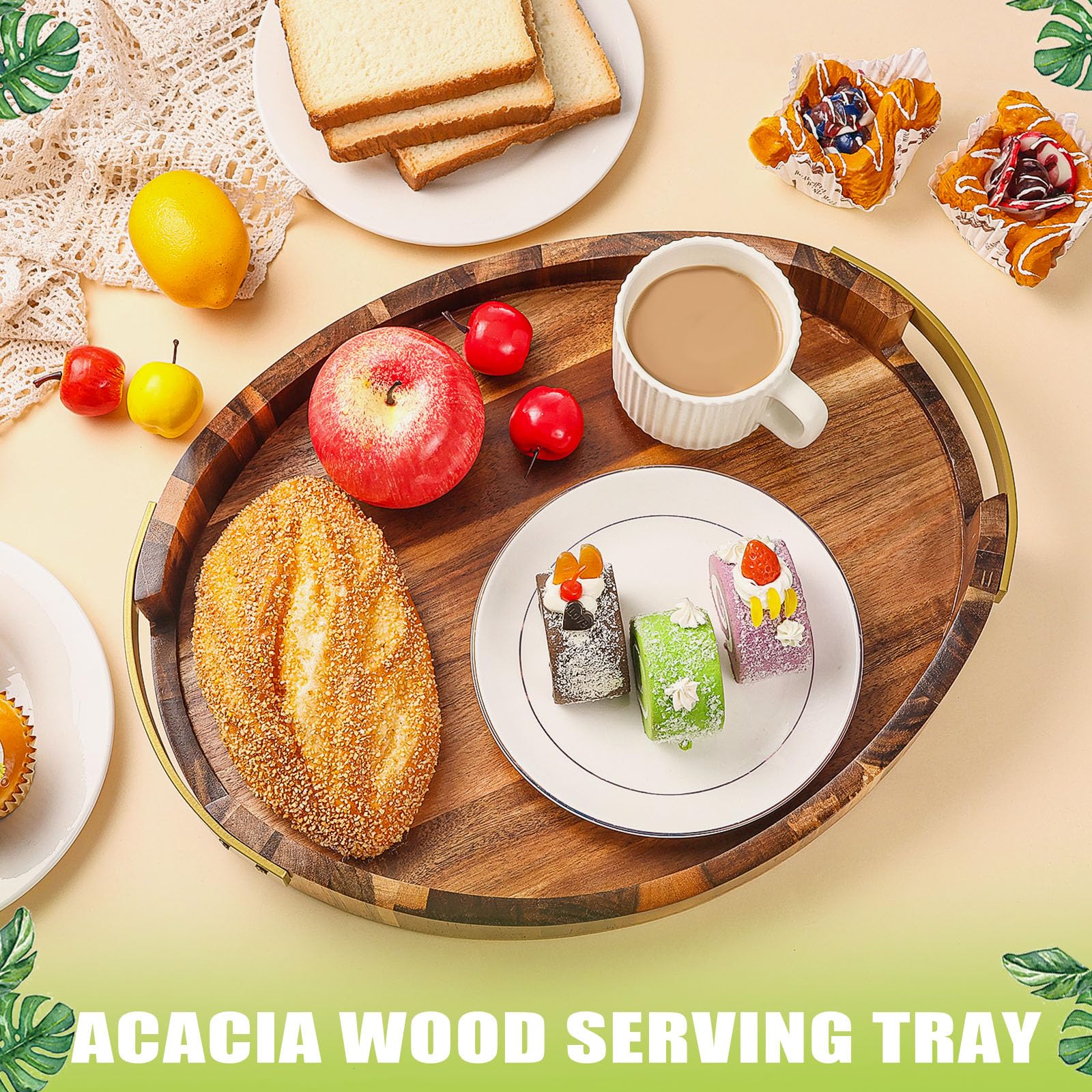 Vassoio da portata in legno di acacia con manici in metallo, 40,6 x 33 cm, rotondo, decorativo, con manici, per soggiorno, tavolino da caffè, colazione a letto, espositore per candele