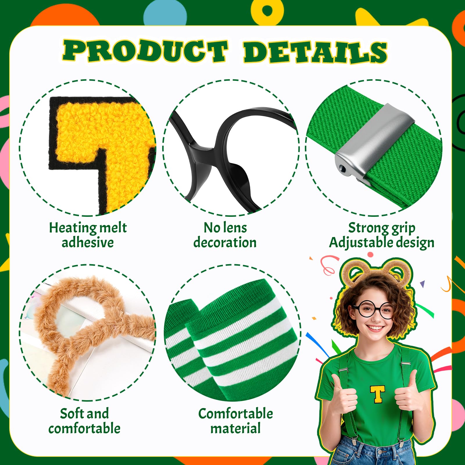 Jokureao 5PCS Chipmunk Costume Set for Adults Chipmunk Fancy Dress with Striped Socks, Chipmunk Headband, Glasses - Image 3