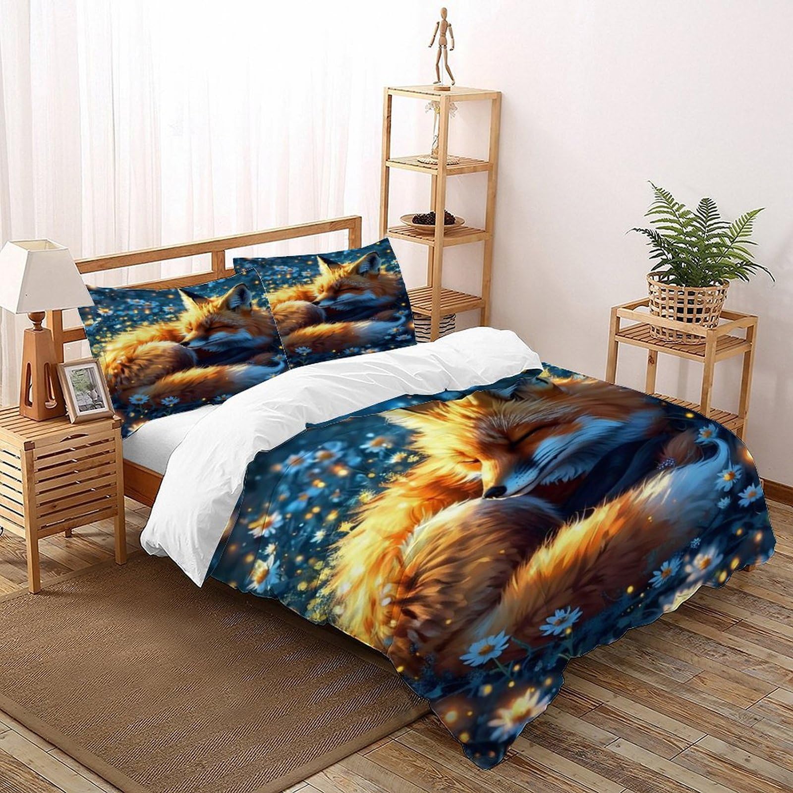Fox Firefly Bedding Set Theme Bedspread Animal Themes Wildlife Duvet Cover Set Chic Breathable Quilt Cover Universal for All Seasons Pillowcase Double（200x200cm）