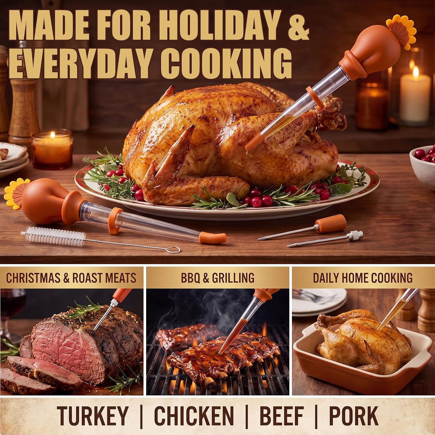 Roshtia Turkey Baster Kit with Needles and Cleaning Brush Heat Resistant Baster Syringe, Adjustable Angle with Silicone Head and Bulb, Injector Accessories for Juicy Turkey, Chicken, and Meat