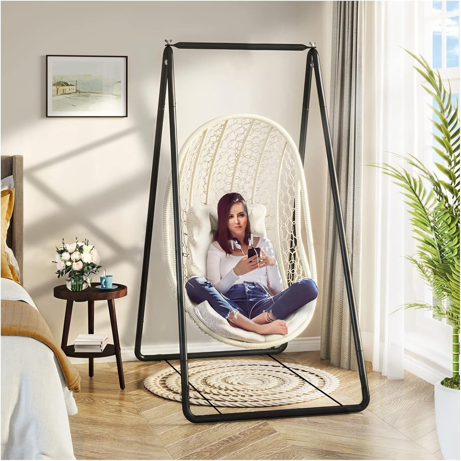 Heavy-Duty A-Frame Hammock Chair Stand Only, 100KG Capacity Adjustable Indoor/Outdoor Swing Stand with Anti-Slip Rubber Mat, Easy Assemble Space-Saving Hanging Chair Stand for Patio, Garden, Bedroom