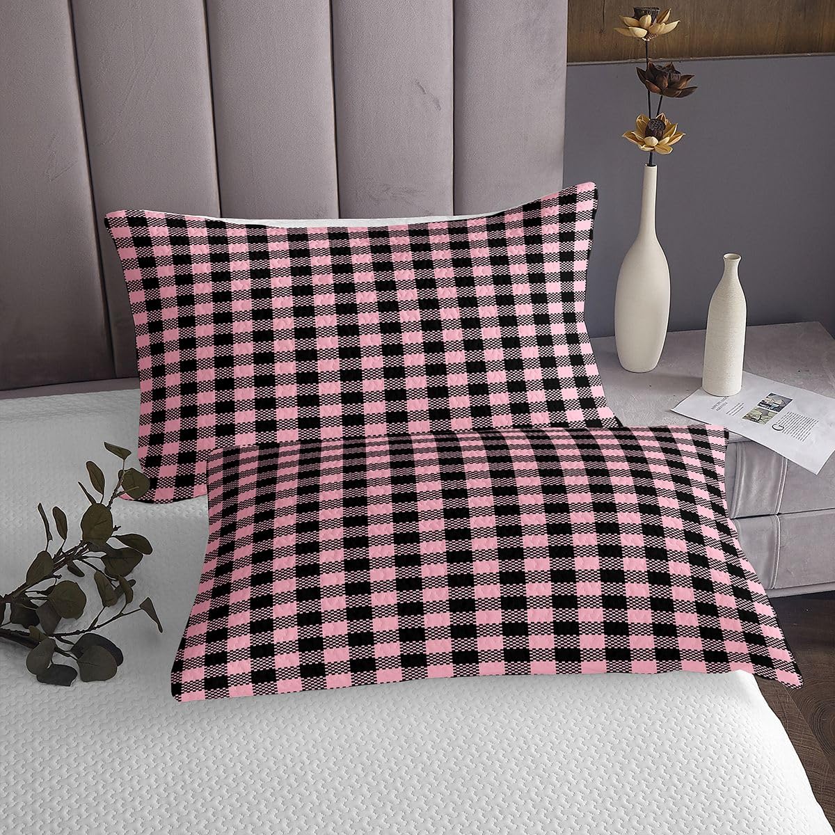Loussiesd Set di 2 copriletto a quadri rosa e nero, per letto singolo, motivo geometrico a quadretti, morbido, accogliente, a scacchi, leggero, per tutte le stagioni, con 1 federa