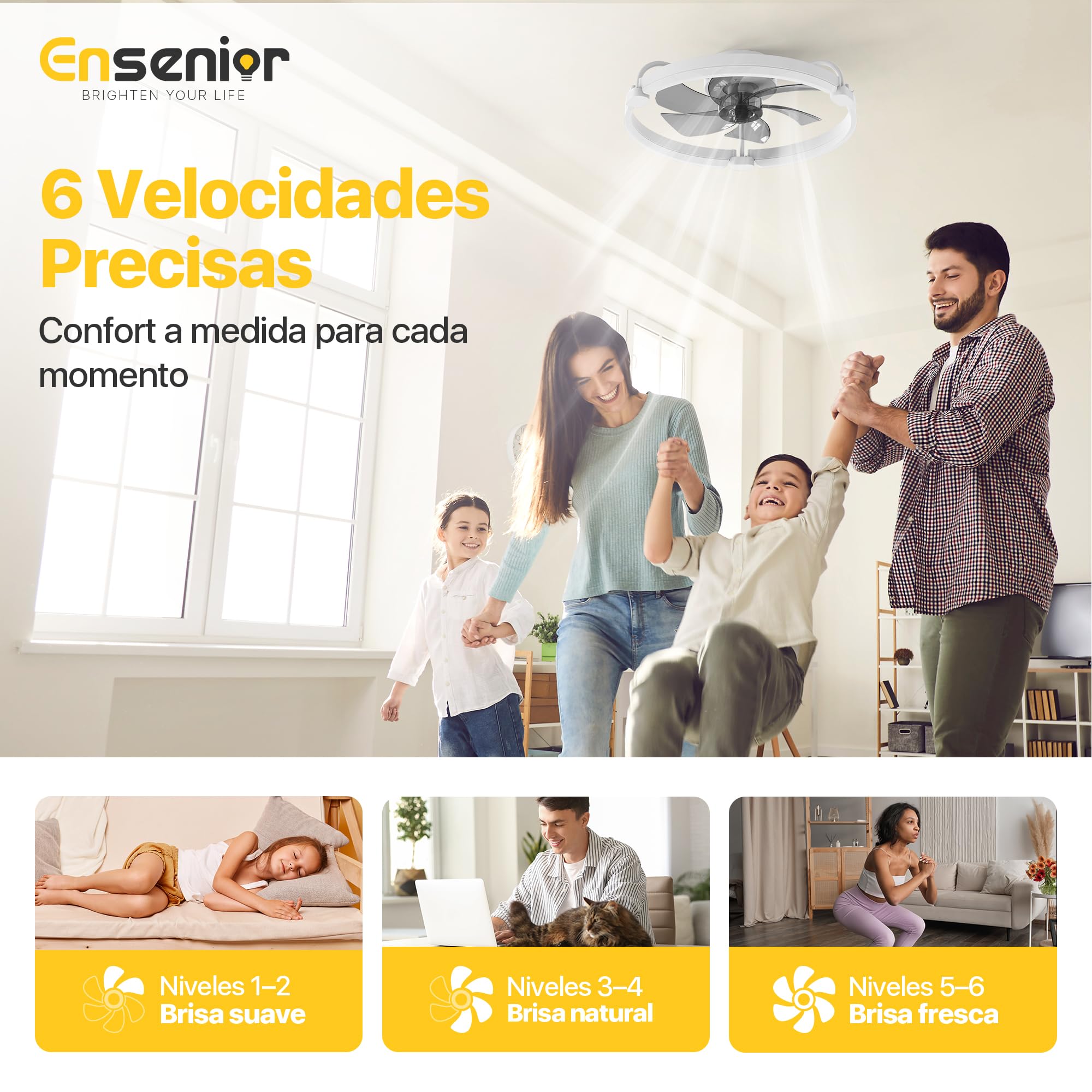 Ensenior Ventilador de Techo con Luz Silencioso, 50cm Lámpara Ventilador Techo con Aspas Desmontables, Motor DC, Plafón LED Regulable con Memoria y APP, 6 Velocidades para Dormitorio y Salón - Blanco