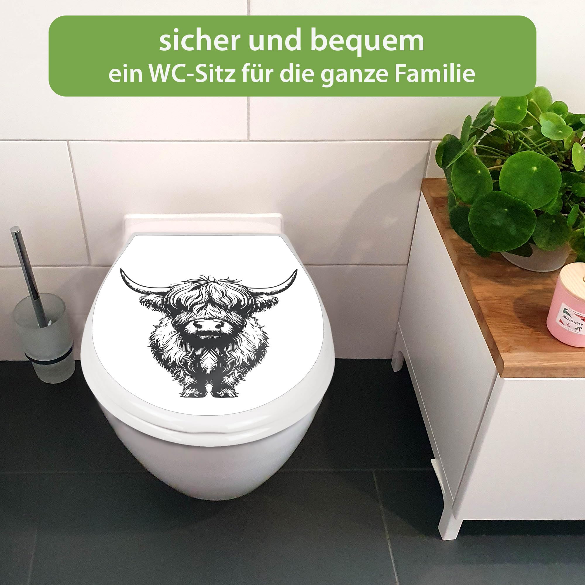 banjado Familien WC Sitz mit Absenkautomatik 44,9x37,1cm - Klobrille mit Kindersitz aus hochwertigem Polypropylen - Toilettendeckel mit Kinder Toilettensitz integriert - Motiv Hochlandrind