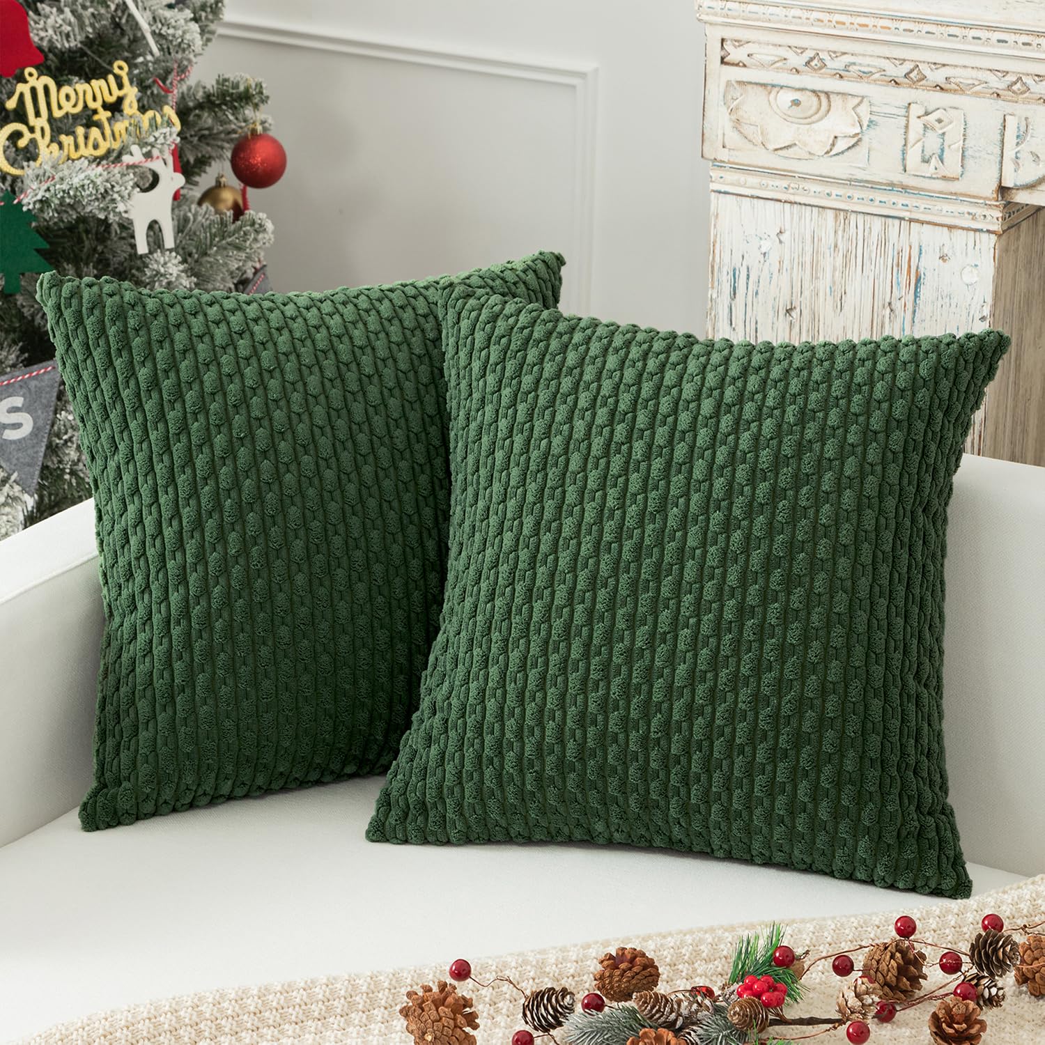 Kevin Textile Boho Cushion Covers 40 x 40 cm Set of 2 Soft Striped Corduroy Decorative Square Cushions Covers 16x16 Inch Pillowcases with Invisible Zipper for Chair Couch Sofa Bedroom, Dark Green — image 1