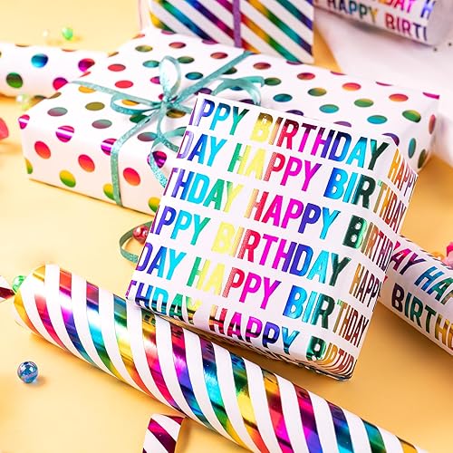 Miniatura 8 de WRAPAHOLIC Rollo de papel de regalo de cumpleaños, mini rollo, 3 rollos, 17 x 120 pulgadas por rollo, diseño colorido de cumpleaños para fiestas,
