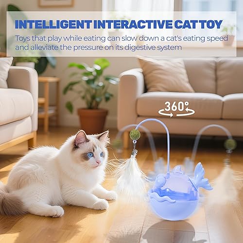 Miniatura 5 de Juguetes para gatos de interior, juguete interactivo para gatos con hierba gatera y plumas, dispensador de golosinas lento para control de peso,