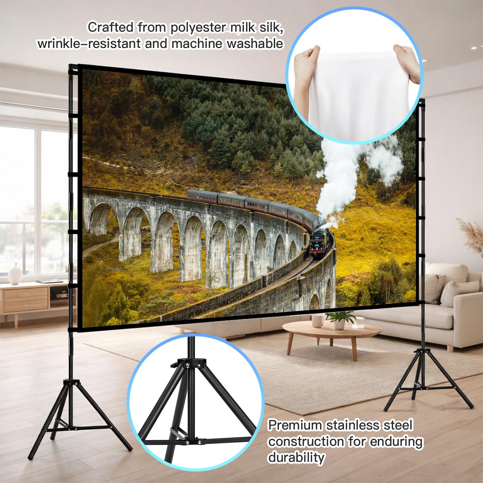 Gigmeta Schermo di Proiezione con Treppiede 120 Pollici, 4K HD Telo Proiettore Pieghevole 16:9, Antipiaga Lavabile per Home Theater Fronte e Retro, Portatile da Esterno