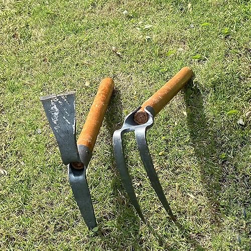 Miniatura 4 de Juego de 2 palillos de jardín de 19.6 pulgadas, juego de herramientas de azada de mano de 2 puntas, herramienta de jardín con mango de madera,