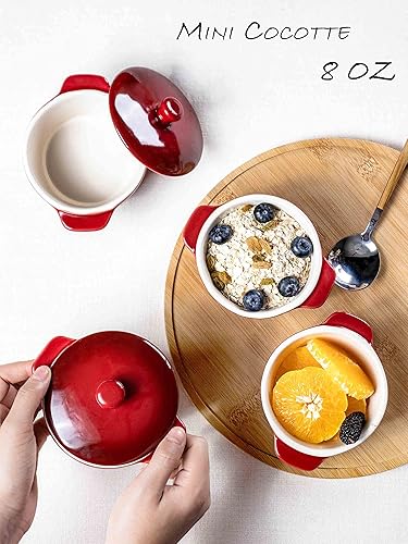 Miniatura 10 de Henten Home Ramequines de cerámica de 8 onzas con tapa, mini cocotte de porcelana con asa, juego de 4, cazuelas de esmalte reactivo para hornear,