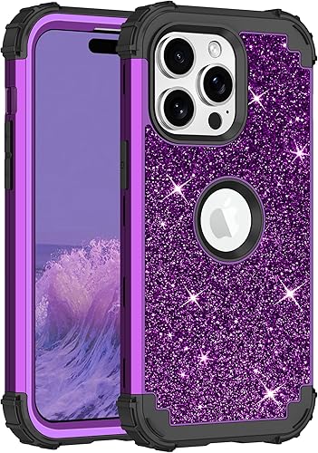 LONTECT Funda para iPhone 15 Pro Max con purpurina brillante 3 en 1, a prueba de golpes, resistente, híbrida, resistente, funda protectora de alto