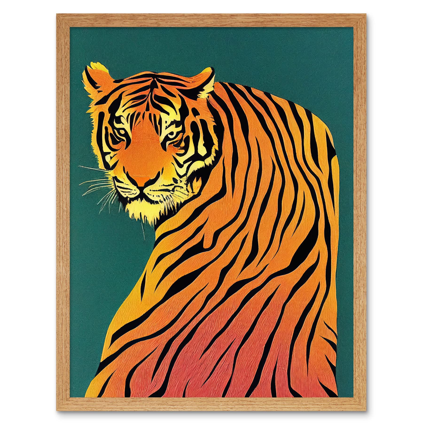 Wee Blue Coo Framed Light Oak 12X16 Modern Tiger Portrait On Teal Orange Bold Art Print Framed Poster Wall Decor 12X16 Inch
