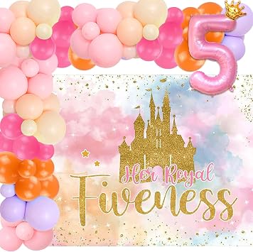 Her Royal Fiveness Birthday Decorations Pink Gold Princess Castles Balloon Garland Crown Number 5 Foil Balloons Banner for 5 Years Old Birthday Party Decor Supplies