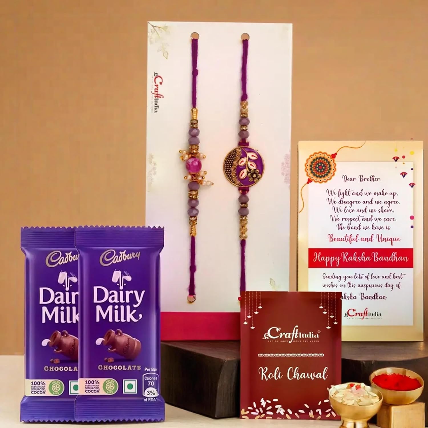 eCraftIndia Set of 2 Purple Floral & Pearl Designer Rakhis for Brothers with Chocolate, 2 Cadbury Dairy Milk Chocolate, Rakhi with Chocolate Gift – Roli Chawal Pack, Raksha Bandhan Greeting Card eCraftIndia Set of 2 Purple Floral & Pearl Designer Rakhis for Brothers with Chocolate, 2 Cadbury Dairy Milk Chocolate, Rakhi with Chocolate Gift – Roli Chawal Pack, Raksha Bandhan Greeting Card
