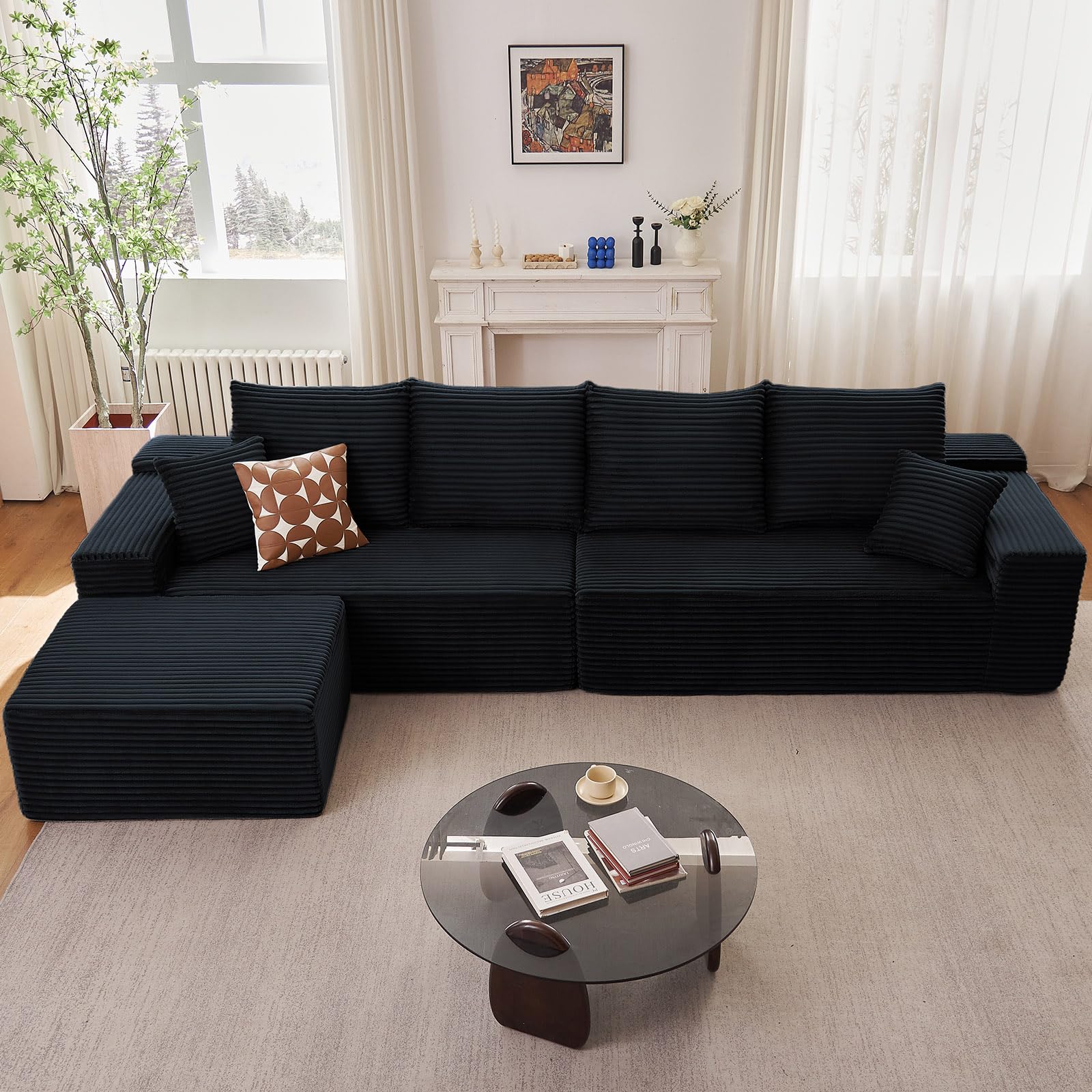140" L Shaped Cloud Sectional Couch for Living Room, Modular Floor Deep-Seat Sofa, Big Comfy Corduroy Couches Set with Fluffy Memory Foam for Living Room Bedroom, No Assembly Required, Black