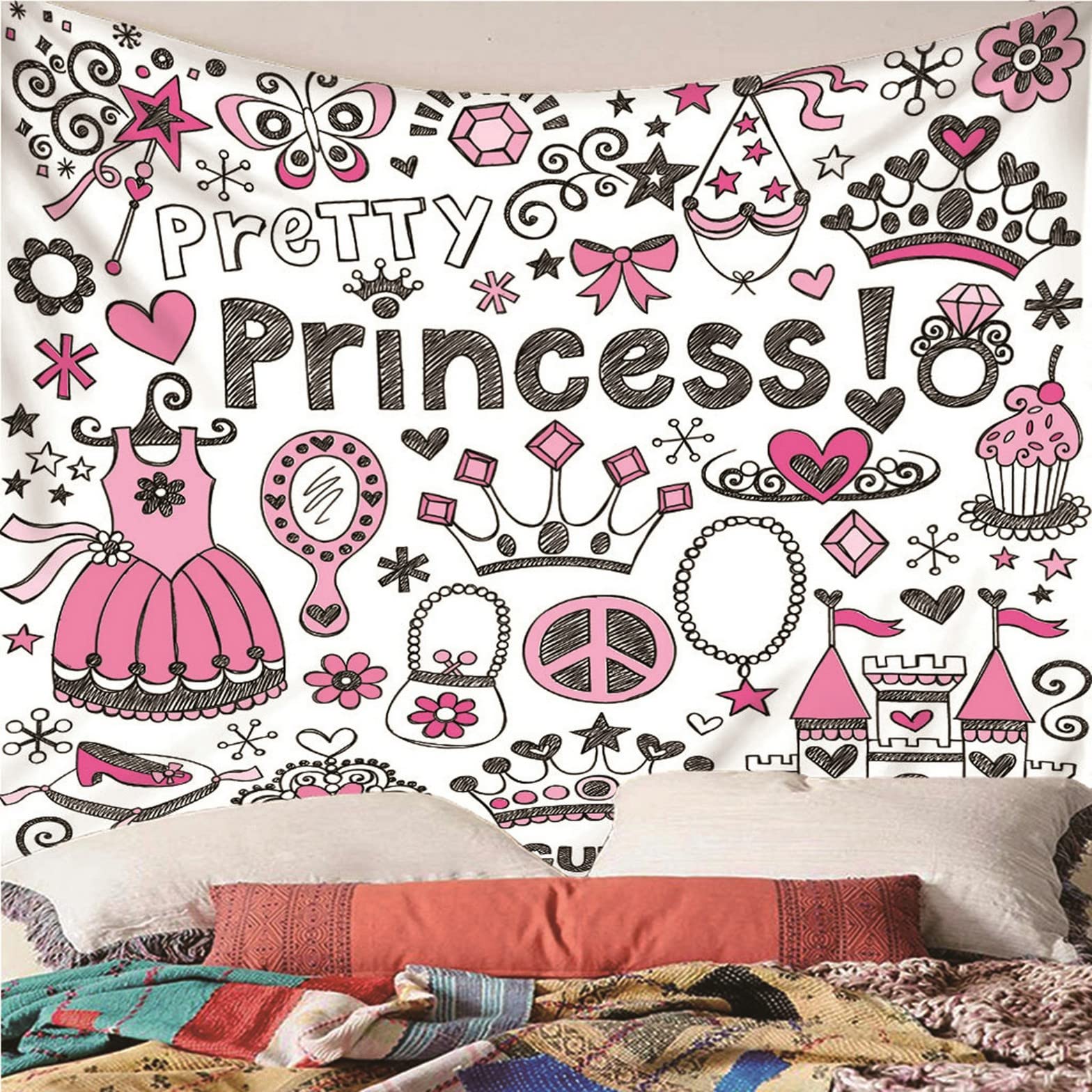 Ethereval Arazzi Da Parete Grandi Tapetto Camera Letto Motivo Della Serie Principessa Carina Tema Cartone Animato Arazzo xxl Abbellimento Bianco Decorazioni Tessuto 350x250cm