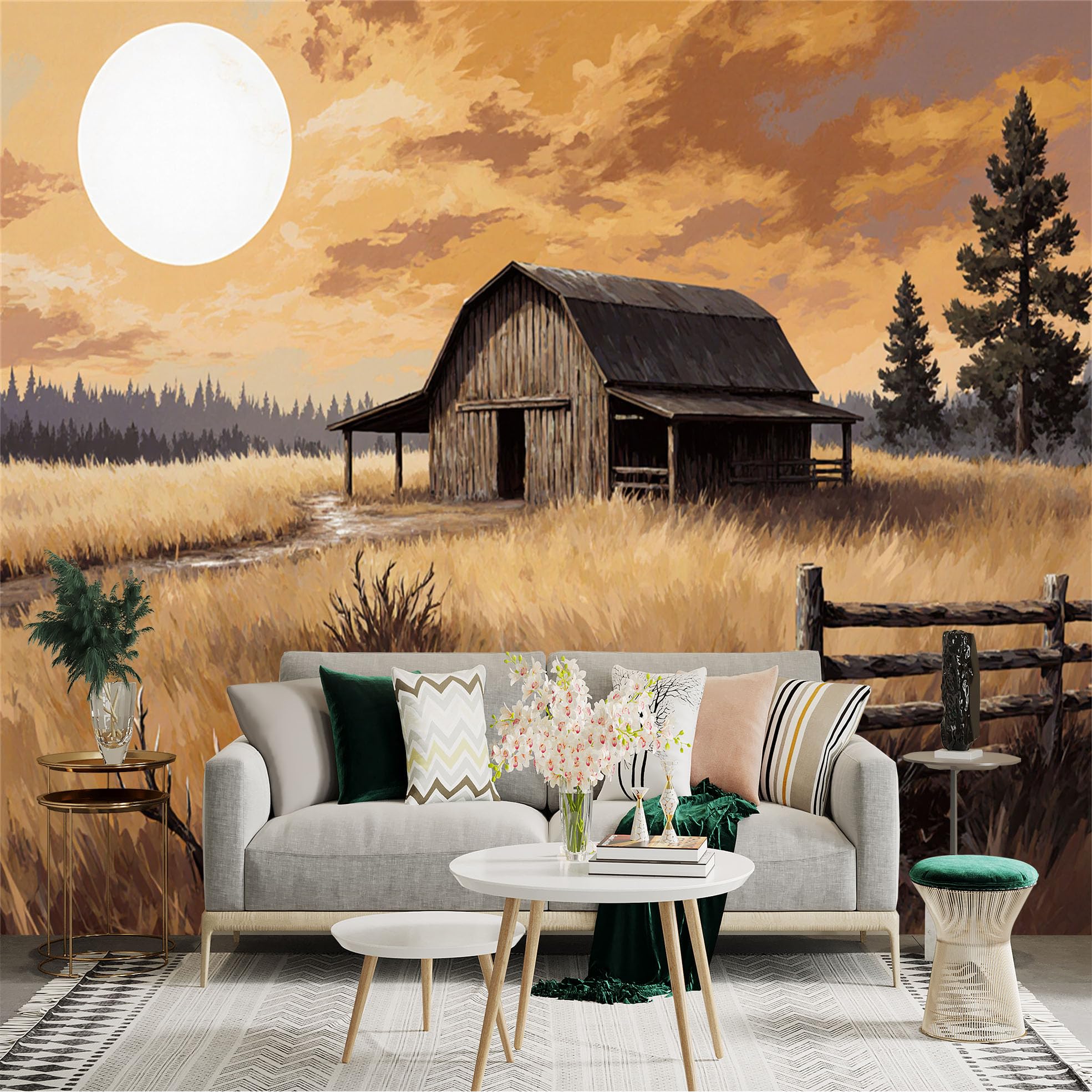 Lnzczhyre Xc260505567 Custom Size Wall Sticker Mural， Rustic Wooden Barn In Golden Meadow， Sunset Over Farmhouse， Autumn Countryside Scenery， For Wall Decoration， Peelandstick Wall Decals.