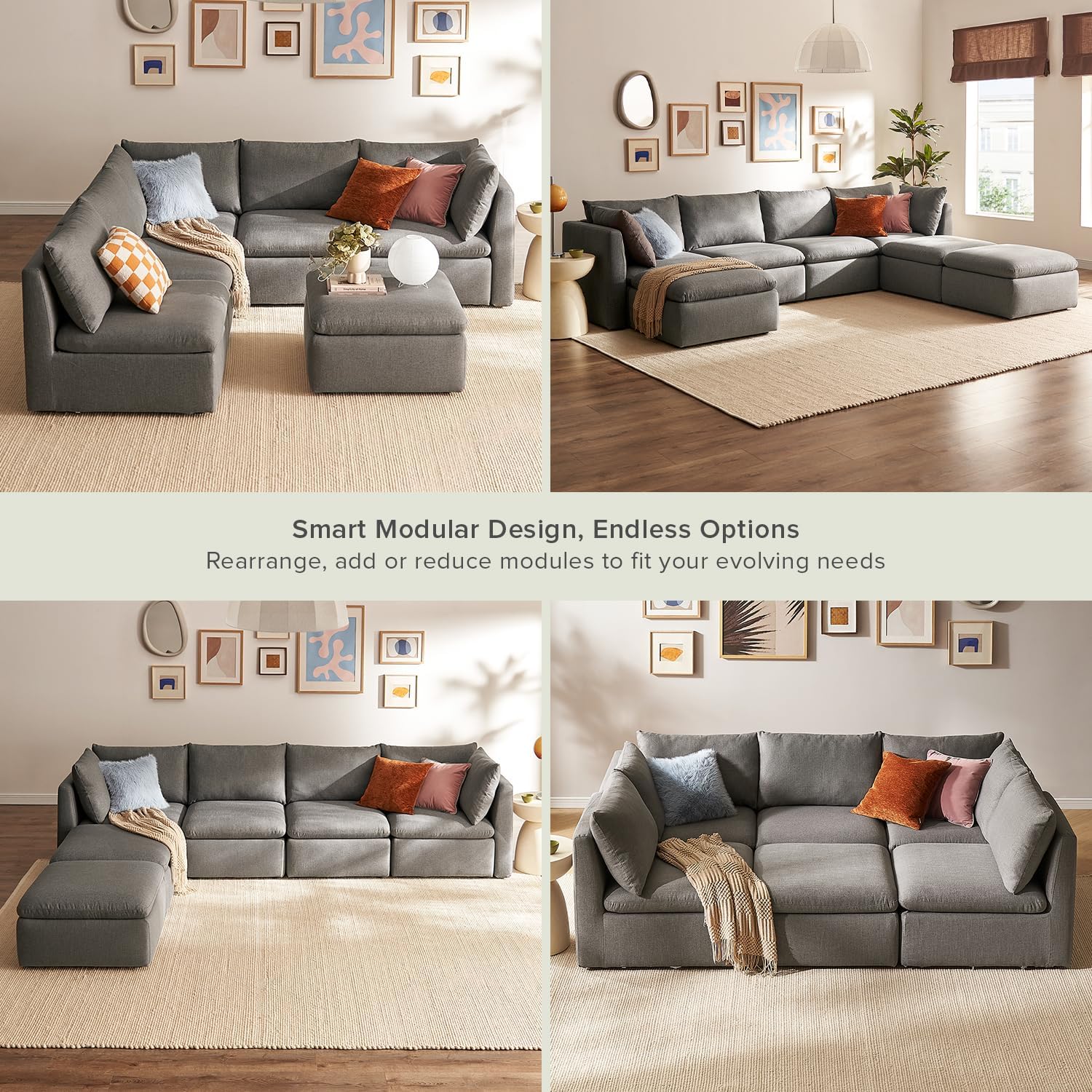 mopio Oversized Modular Sectional Sofa with Fully Removable Covers and Storage, Convertible U, L-Shaped and Sleeper Sectional, Modern Couches with Ottoman Chaise (Stone Gray Fabric, 6 Seats, L)