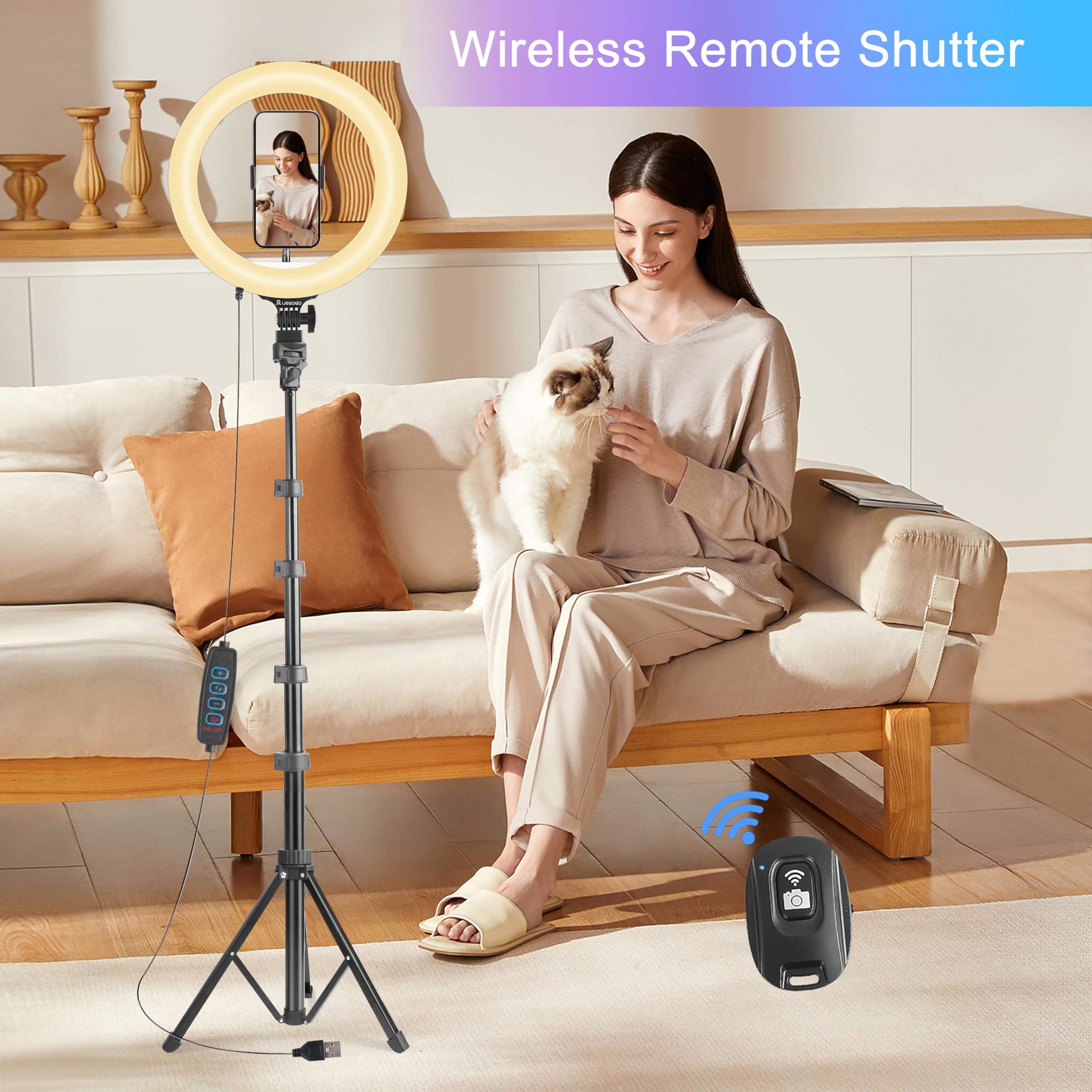 UEGOGO Luce ad anello da 25,4 cm con treppiede da 182 cm e supporto per telefono, 38 modalità di colore, dimmerabile, luce ad anello a LED per live streaming, YouTube, trucco, TikTok