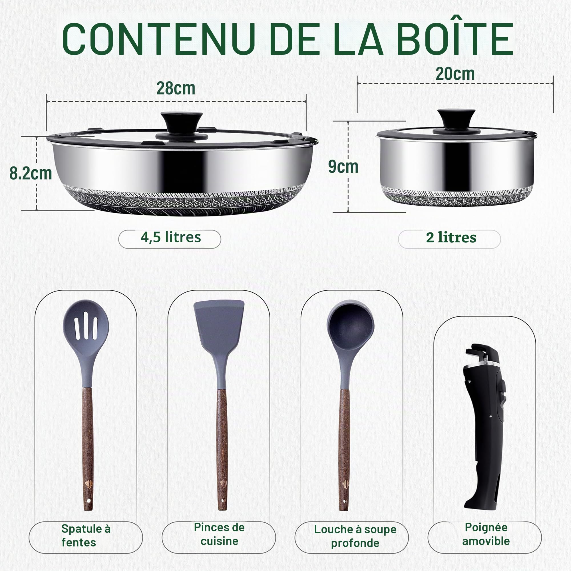 Ensemble Poêles & Casseroles Inox – Poêle 28 cm + Casserole 20 cm avec Couvercles, Manche Amovible, Design Empilable Gain de Place, Compatible Tous Feux Dont Induction, Set Cuisine Premium