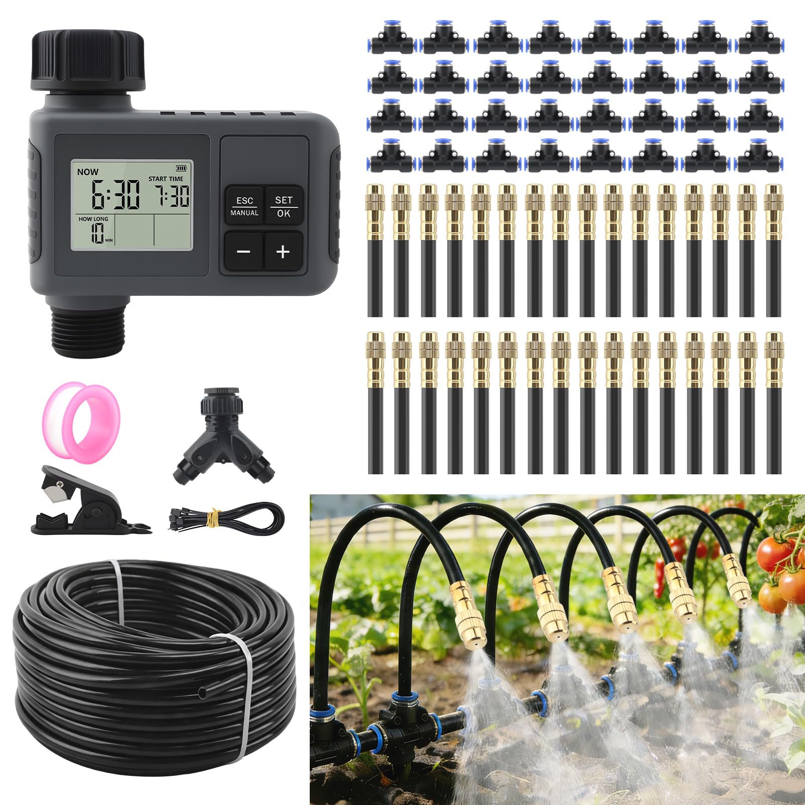 Kit di irrigazione automatica a goccia da 60 m con timer dell'acqua, sistema di irrigazione da giardino con spray pieghevole a 360°, ugelli atomizzanti regolabili in rame per cortile, prato, aiuola
