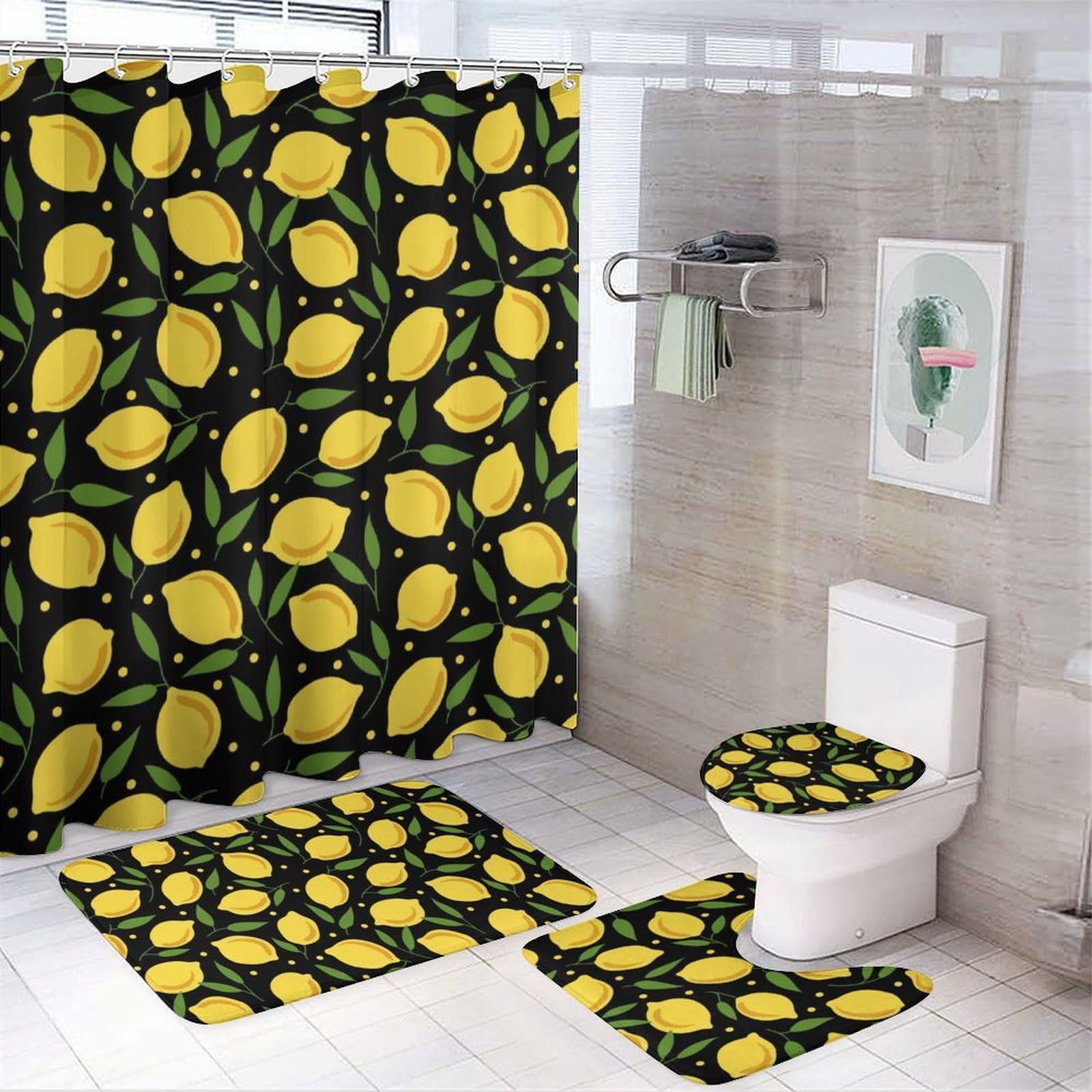 JZemdybill Bathroom Mat Set 4 Piece, Cartoon Lemon Shower Curtain with Non-Slip Bath Mats for Bathroom