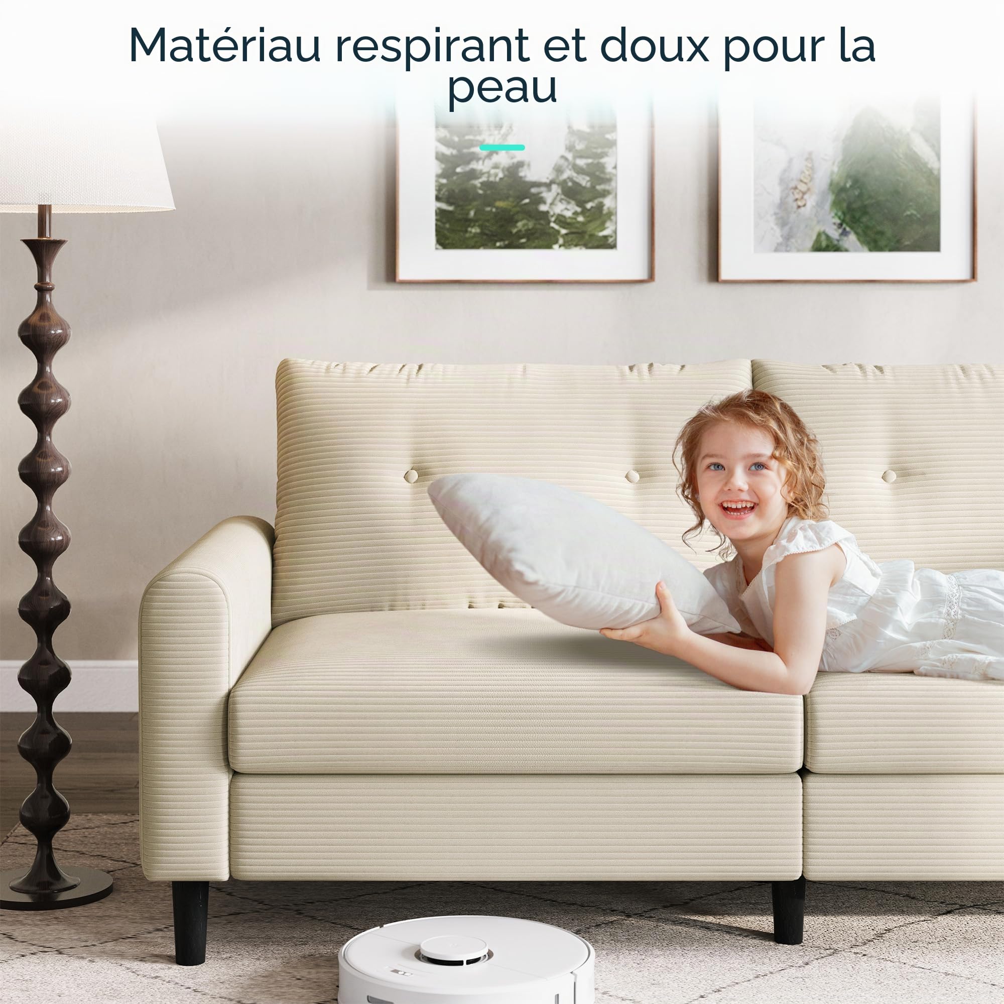 LINSY HOME Canapé 3 Places de 201 cm de Large avec Profondeur d'assise réglable - Petit canapé pour Salon, Chambre à Coucher, Appartement, Bureau - Beige