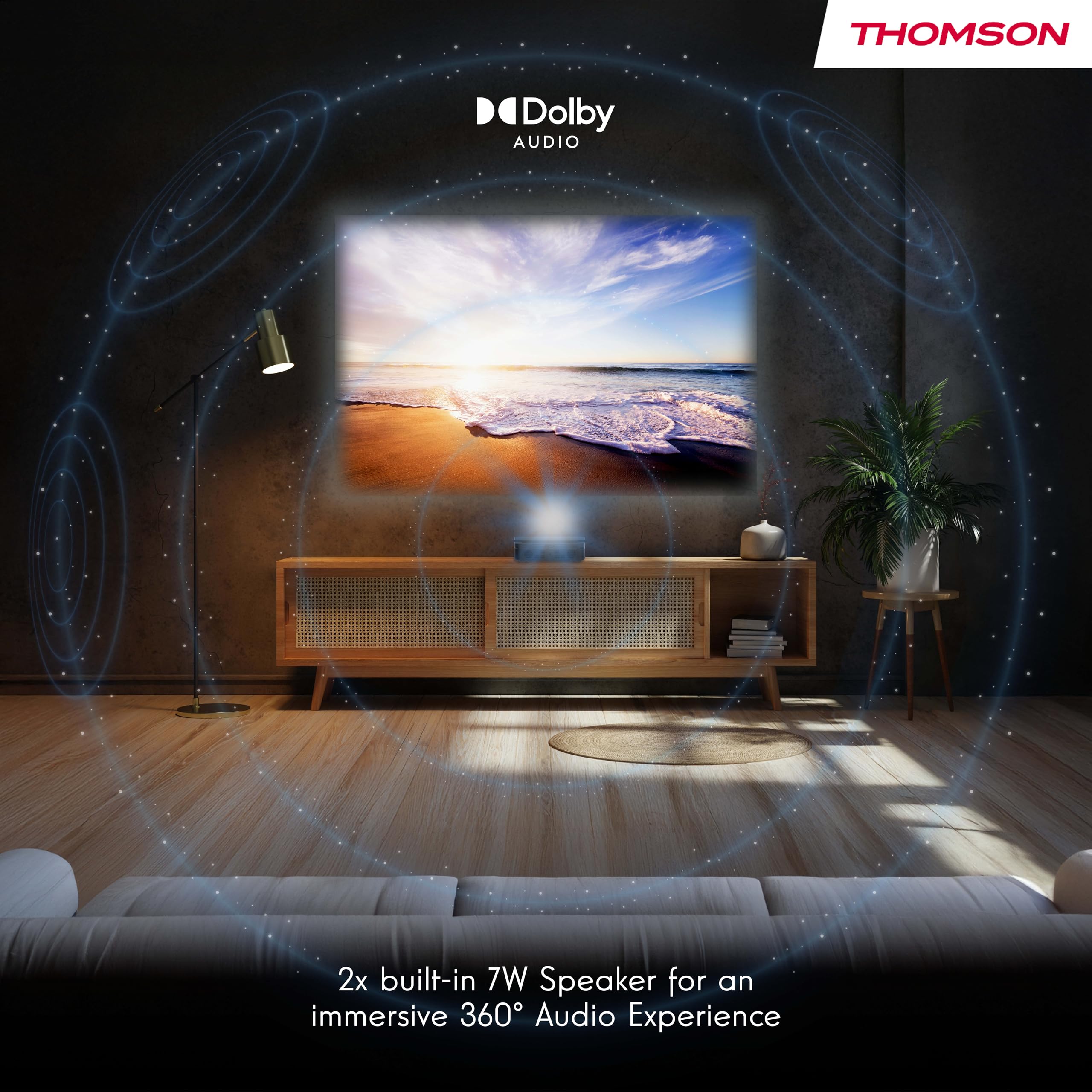 Thomson Sirius PG55B Proiettore Laser RGB Smart, Ottica Ultra-Corta, Full HD 1080p, Google TV, 600 ANSI, Auto Focus, HDR10+, Dolby Digital+, Batteria, WiFi, Bluetooth