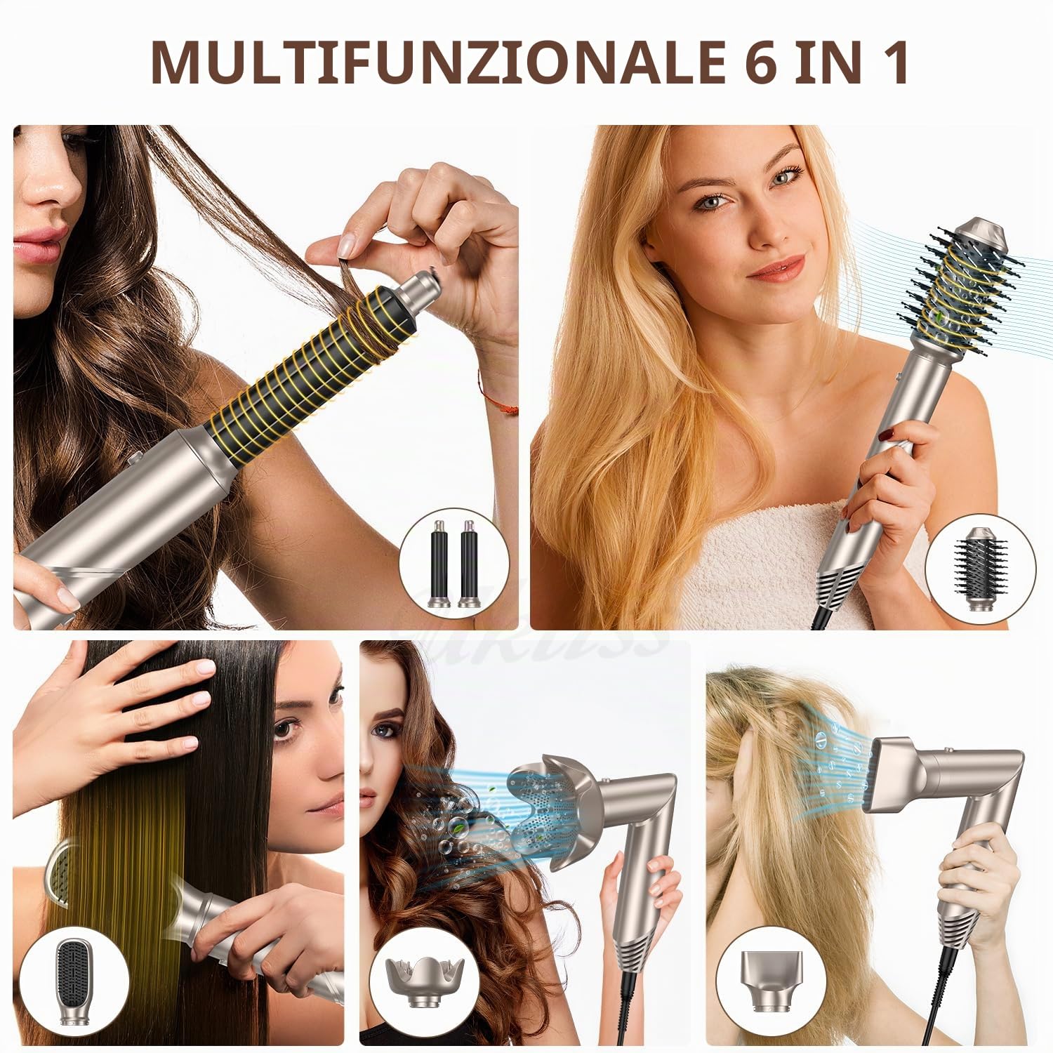 Modellatori Capelli Spazzola Ad Aria Calda con Diffusore, 6 in 1 Air Styler Spazzola Asciugacapelli, Hairstyler Phon Capelli con Arricciacapelli Ad Aria Volumizzante Spazzola Lisciante, Platino-oro