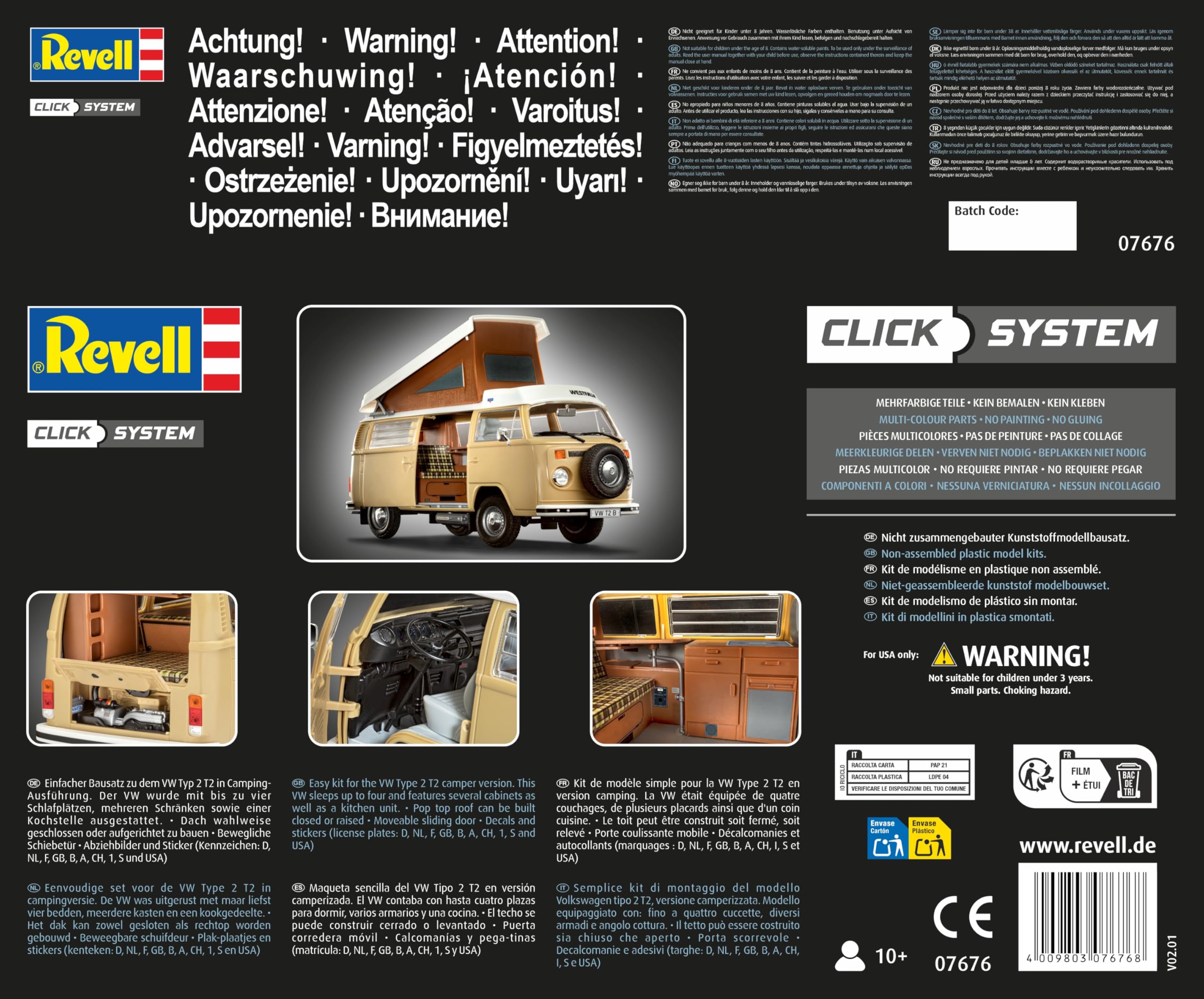 Revell 07676 VW T2 Camper (Sistema de Clic) Escala 1:24 sin Construir/precolor/Click-Together (sin Pegamento) Kit de Modelo de plástico
