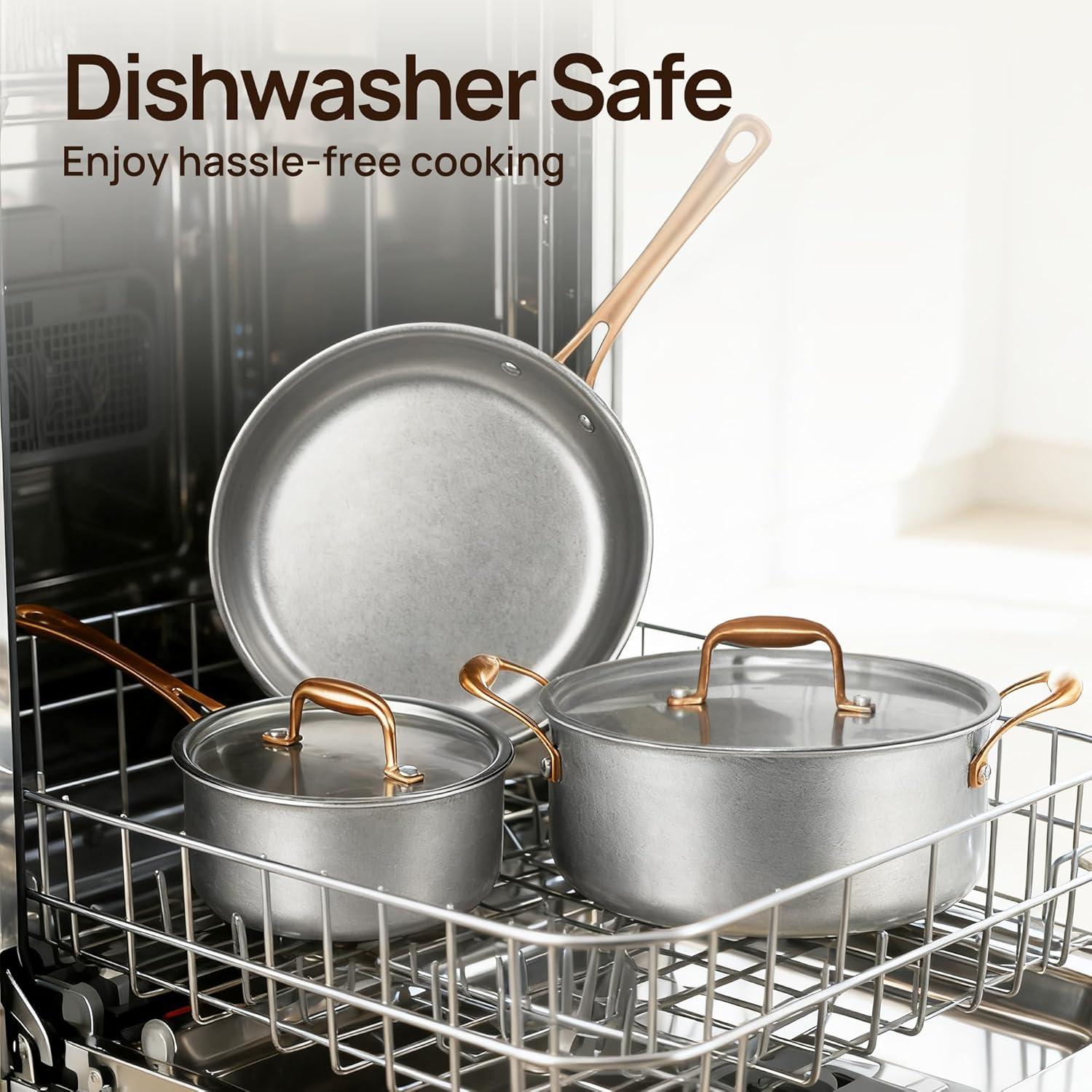 KOKHUB Tri-Ply Stainless Steel Frying Pans Set, 8"/9.5"/11" Vintage Cooking Pans with Lids, PFOA/PTFE/PFAS Free Skillet, Non-Toxic Induction Cookware, Dishwasher & Oven Safe, All Cooktops Compatible - Image 8