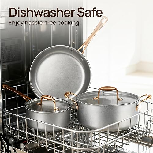 Miniatura 8 de KOKHUB Juego de sartenes de acero inoxidable de tres capas, sartenes de cocina vintage de 8 pulgadas, 9.5 pulgadas11 pulgadas con tapas, sartén
