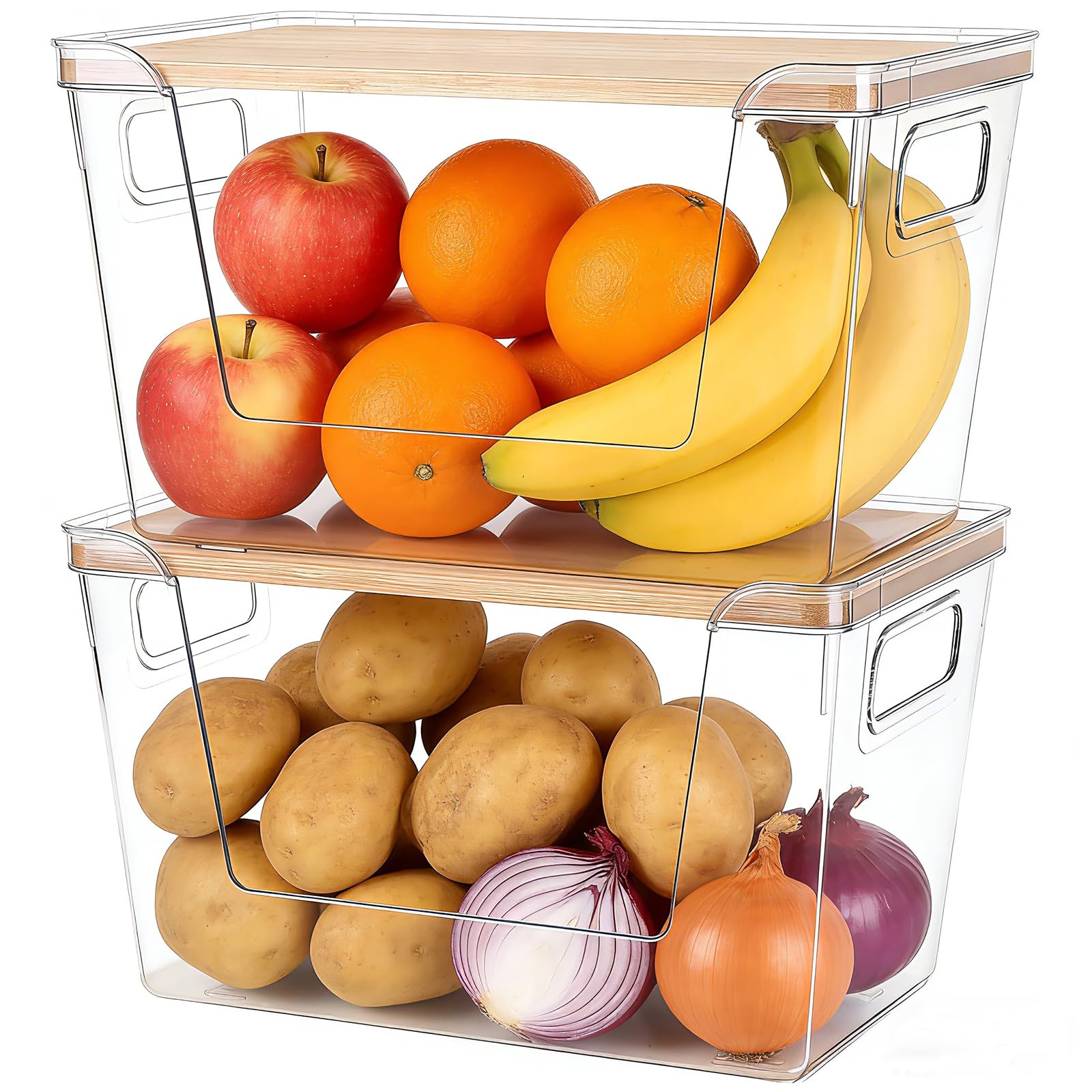 Set di 2 contenitori impilabili per dispensa, per patate, cipolla, aglio, frutta, verdura, prodotti, con apertura frontale trasparente e coperchio
