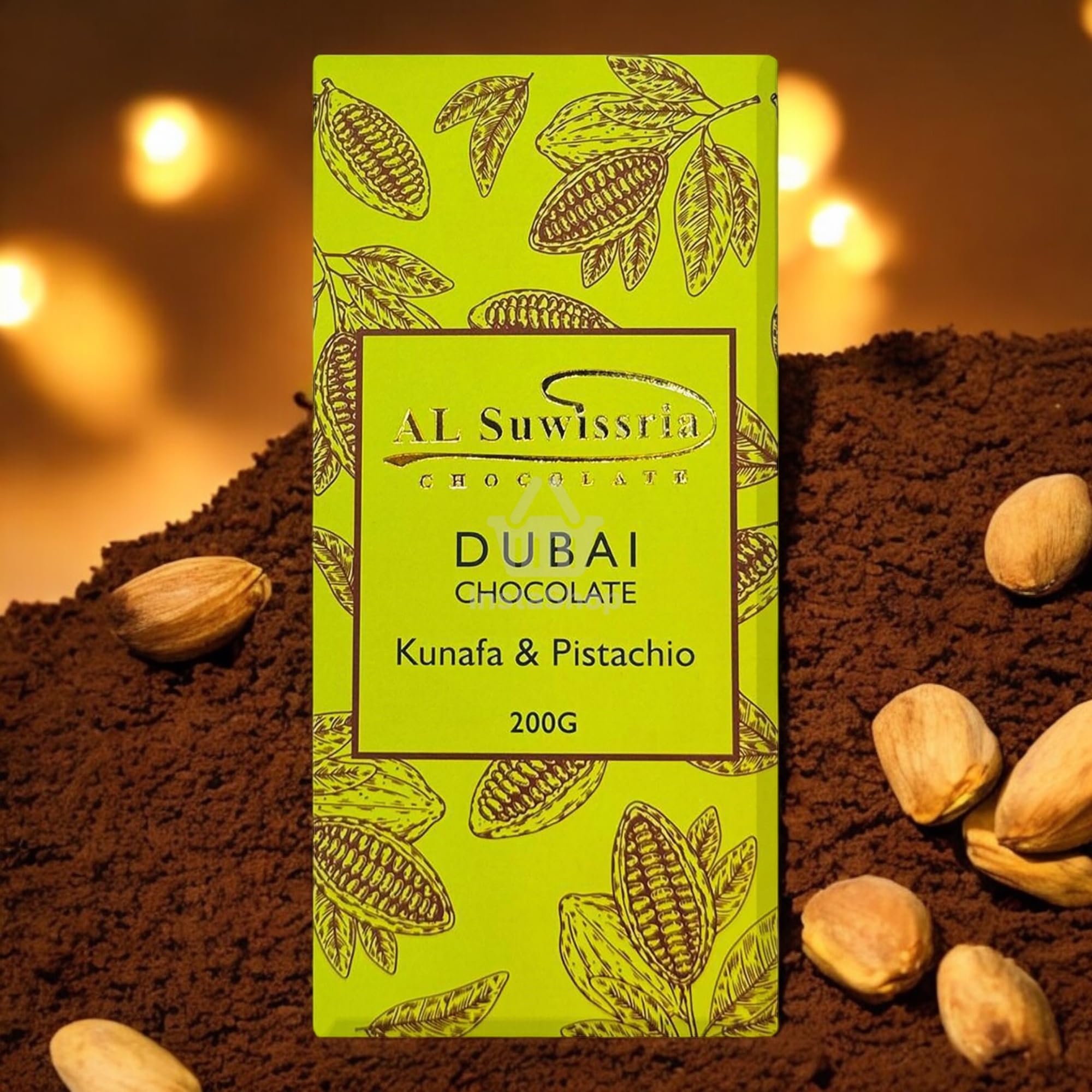 Alsuwissria's PISTACHIO Kunafa Chocolate Bar 200g | Dubai's Viral Chocolate | Pistachio Cream Filling| Freshly Made with Real Kunafa
