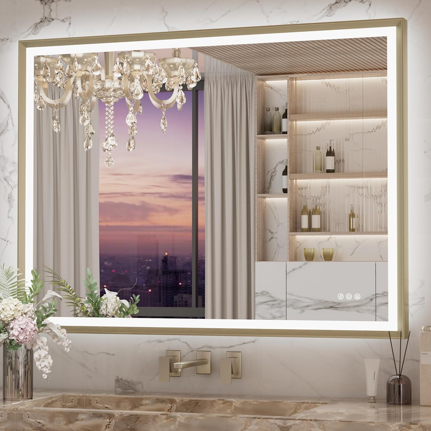 Keonjinn 48” x 36” LED Bathroom Mirror with Frontlit & Backlit, Gold Metal Framed Lighted Mirror with Stepless Dimmable 3-Color Temperatures, Anti Fog, UL-Listed Driver, No Dark Corner Gold 36"L x 48"W