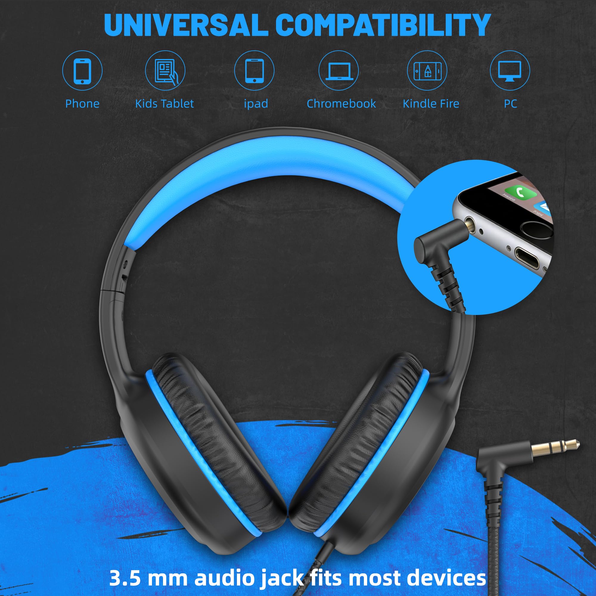 UKELALA Paquete de 5 auriculares con cable para niños, estéreo, ligeros, con cable de 5 pies sin enredos y conector de 3.5 mm, compatibles con Chromebooks y PC, teléfono escolar, verde, azul, rojo,