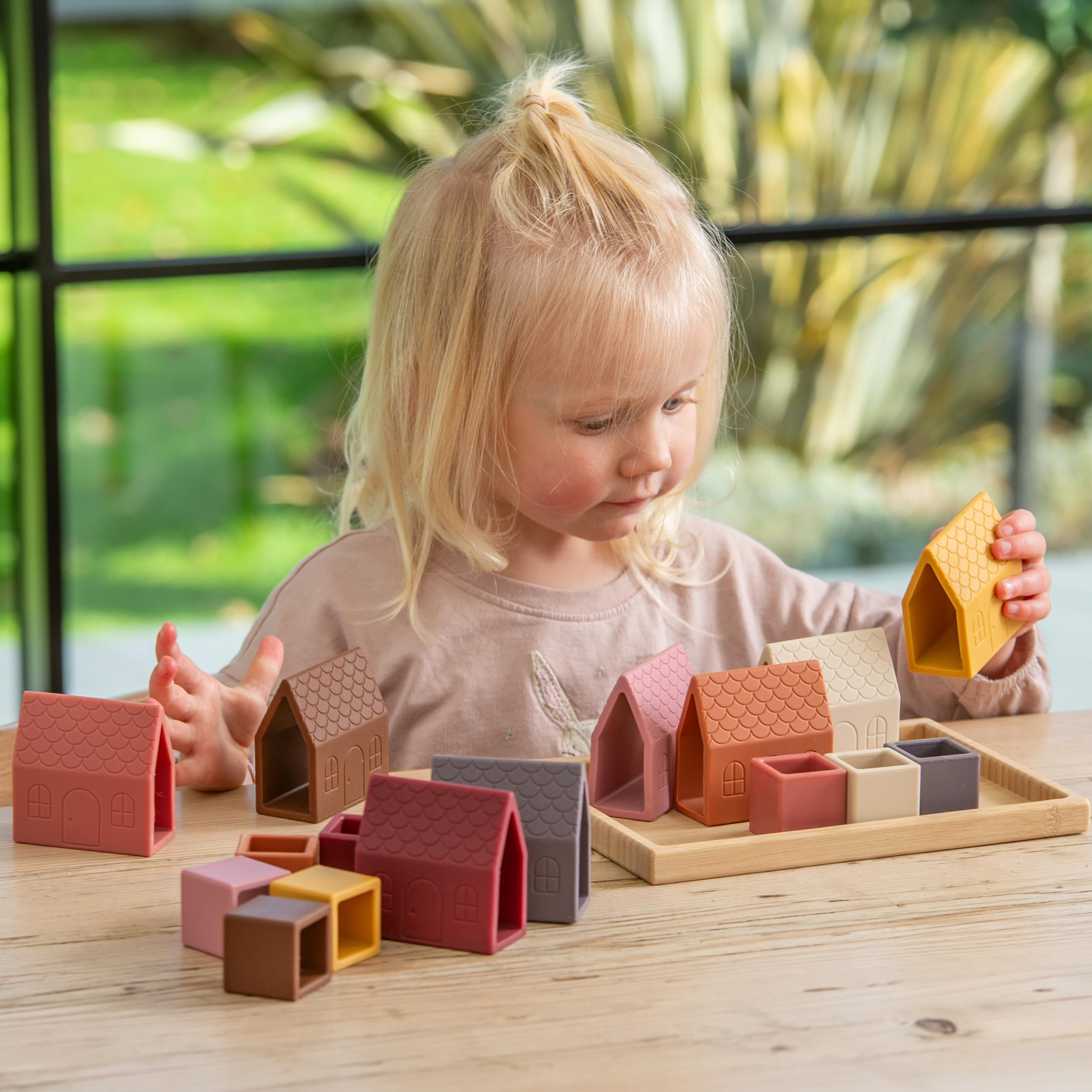 tickit SiliSoft Village Blocks- 16-Piece Durable Silicone & Natural Bamboo Building Set including House Blocks and Open Cubes for Imaginative Creative Construction and Sensory Play - Image 2