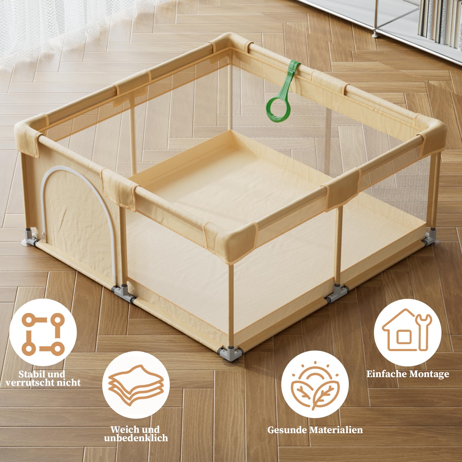 Koonmi Parc pliable pour bébé - 150 x 150 cm - Beige | Filet respirant avec tissu et ventouses, aire de jeu pliable pour bébés et tout-petits, intérieur et extérieur