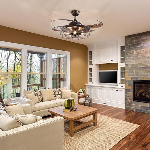 Miniatura 2 de CROSSIO Ventilador de techo retráctil de 48 pulgadas con luces, lámpara industrial oxidada inversa con control remoto para sala de estar, comedor y