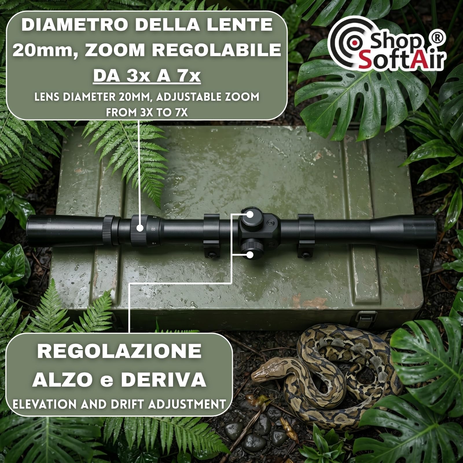 Ottica per Softair, Zoom 3x-7x, Lente 20mm, Attacco 11mm Anelli Bassi, Alluminio, Reticolo a Croce, 293mm
